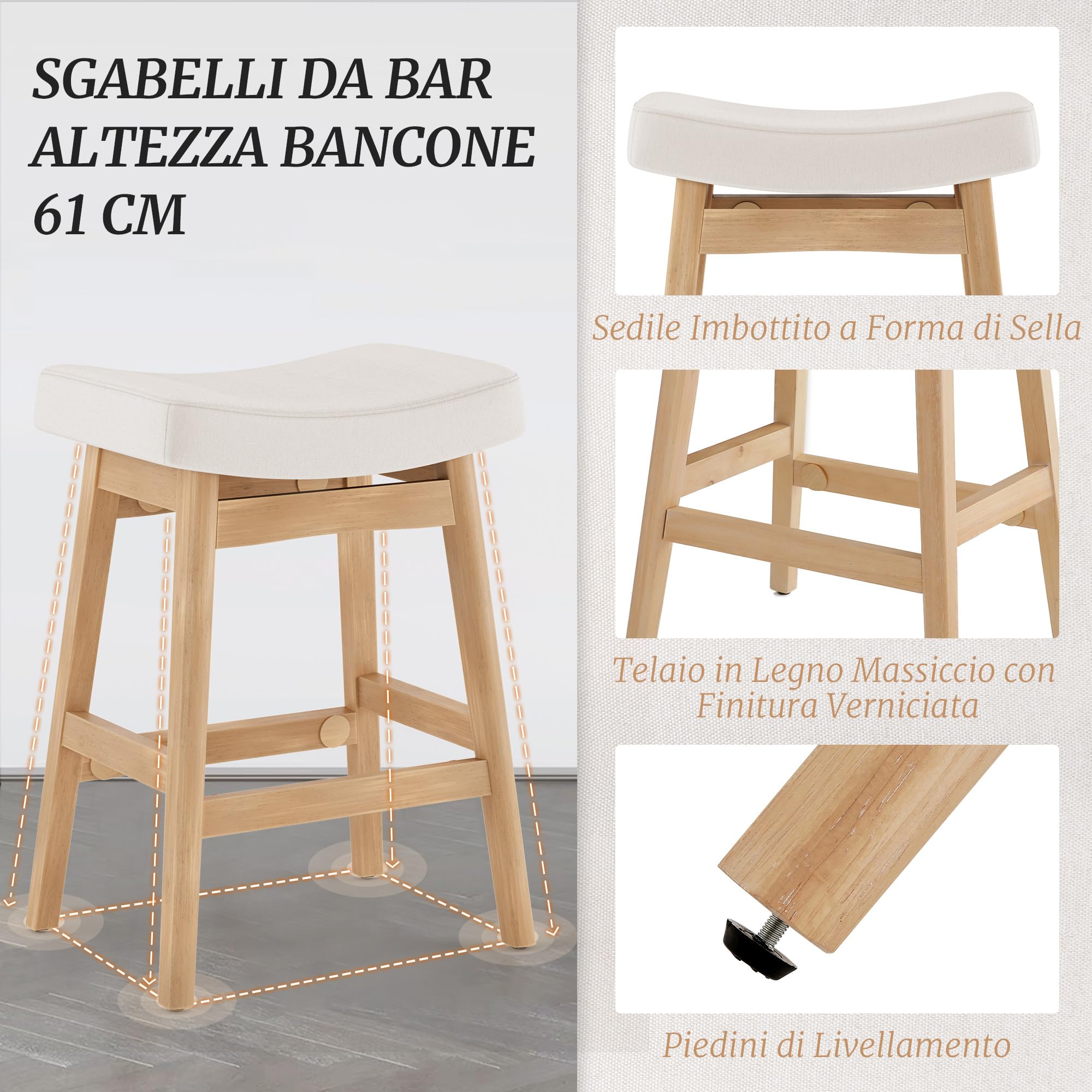 LUE BONA Set di 3 Sgabelli da Bar, Sgabelli da Bar Alti 61 cm, Sgabelli da Cucina con Seduta in Tessuto e Poggiapiedi, Sgabello da Bar Moderno per Ristorante, Soggiorno, Bar, Beige