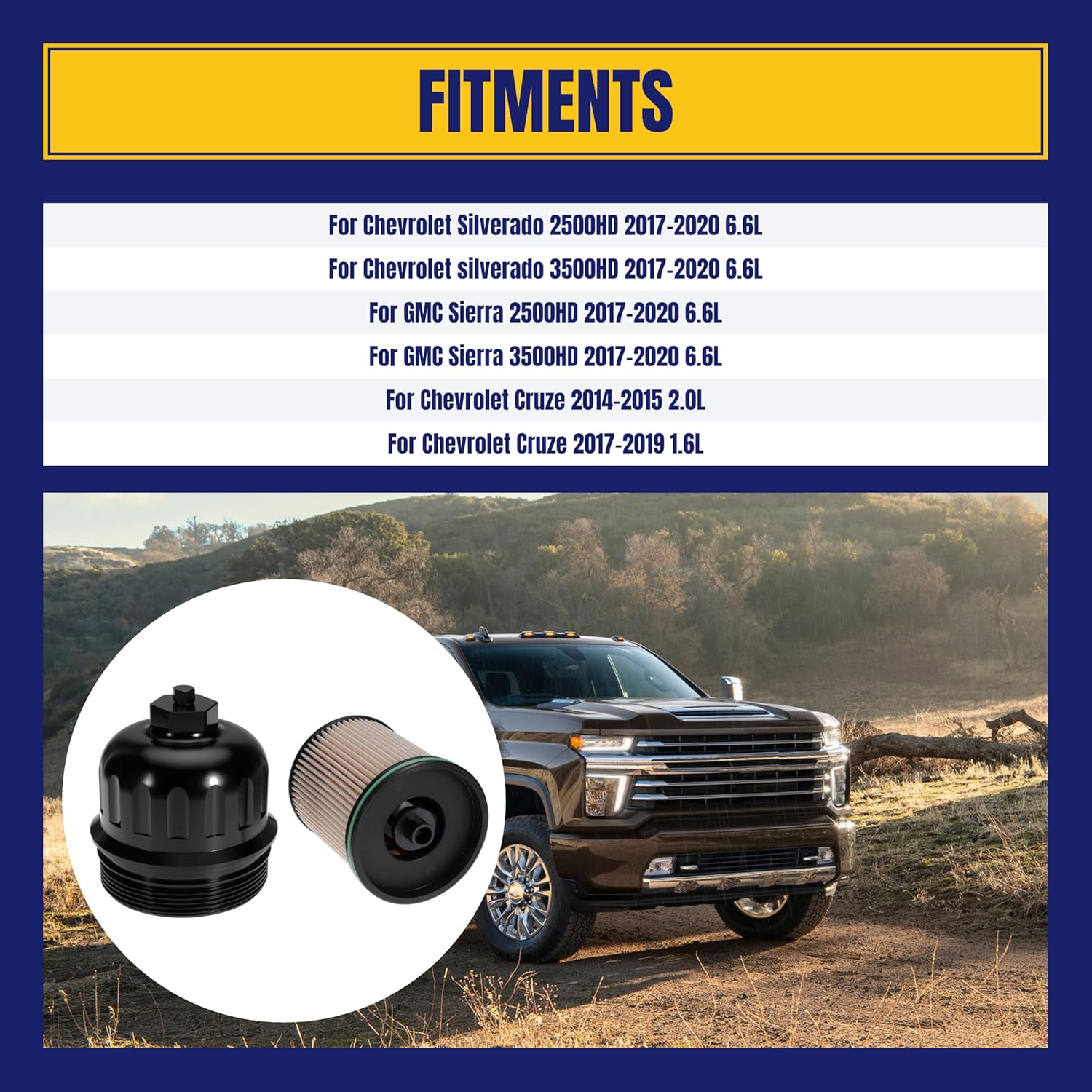 134001 Billet Fuel Filter Housing Cap and TP1015 Fuel Filter for Chevrolet Silverado for GMC Sierra 2500HD 3500HD 17-20 for Duramax Diesel 6.6L for Chevy Cruze 17-19