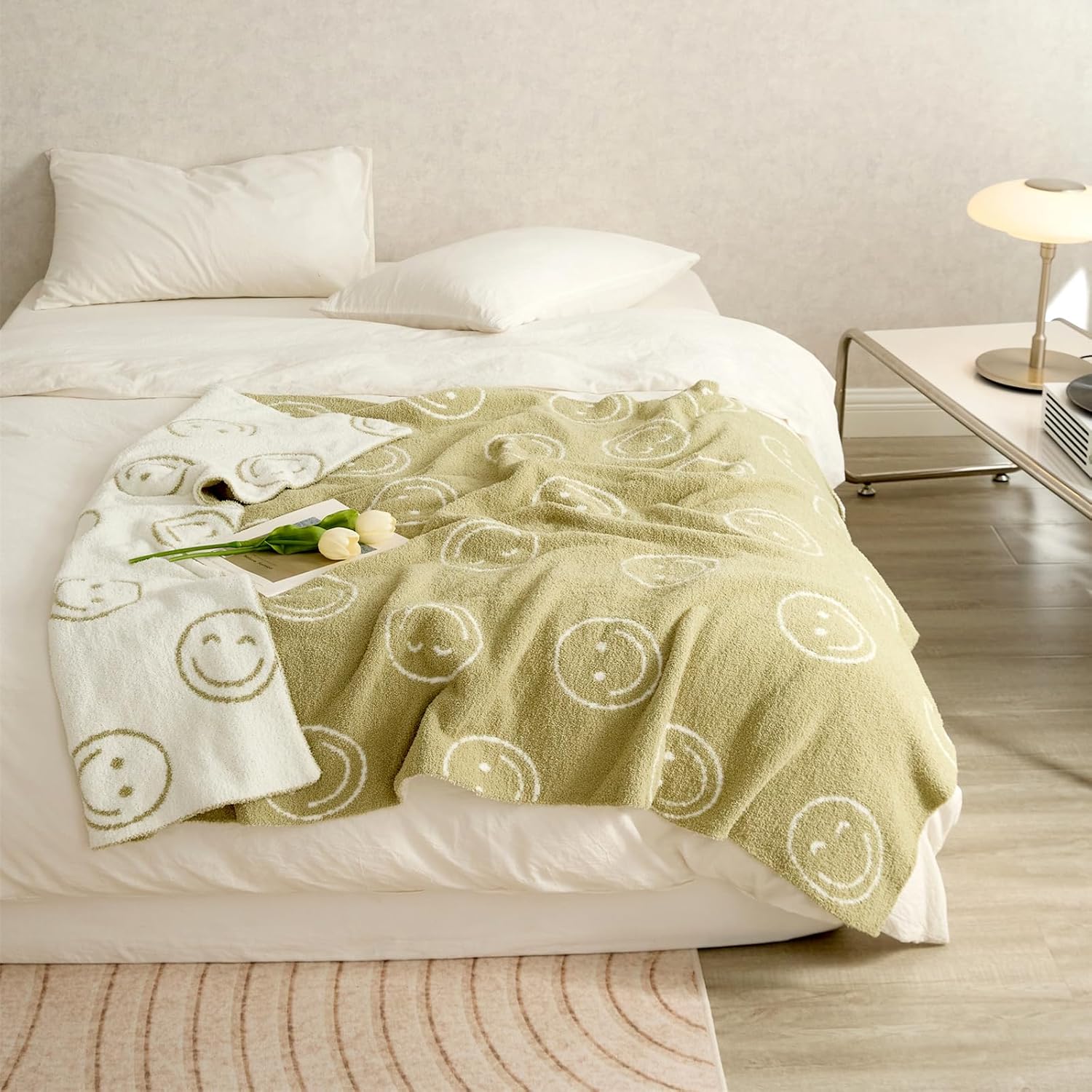 Smiley Face Reversible Sage Green Throw Blanket - Super Soft Cozy Warm Fluffy for Couch Bed Sofa - Aesthetic (63" L x 51" W)