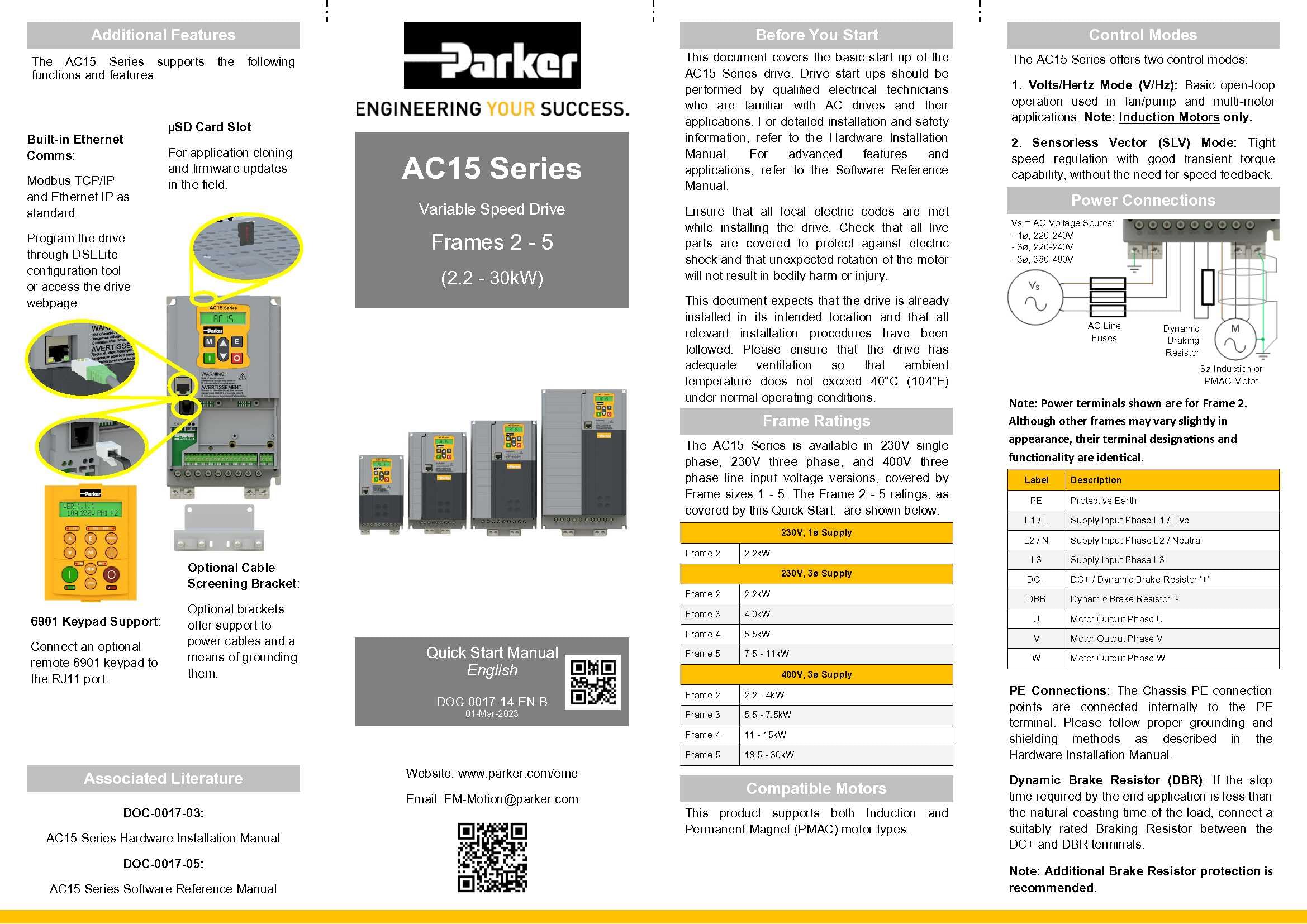 Frequenzumrichter AC15 Parker 2,2kW 6,5A C3; In:3Ph-400V/Out: 3Ph-400V