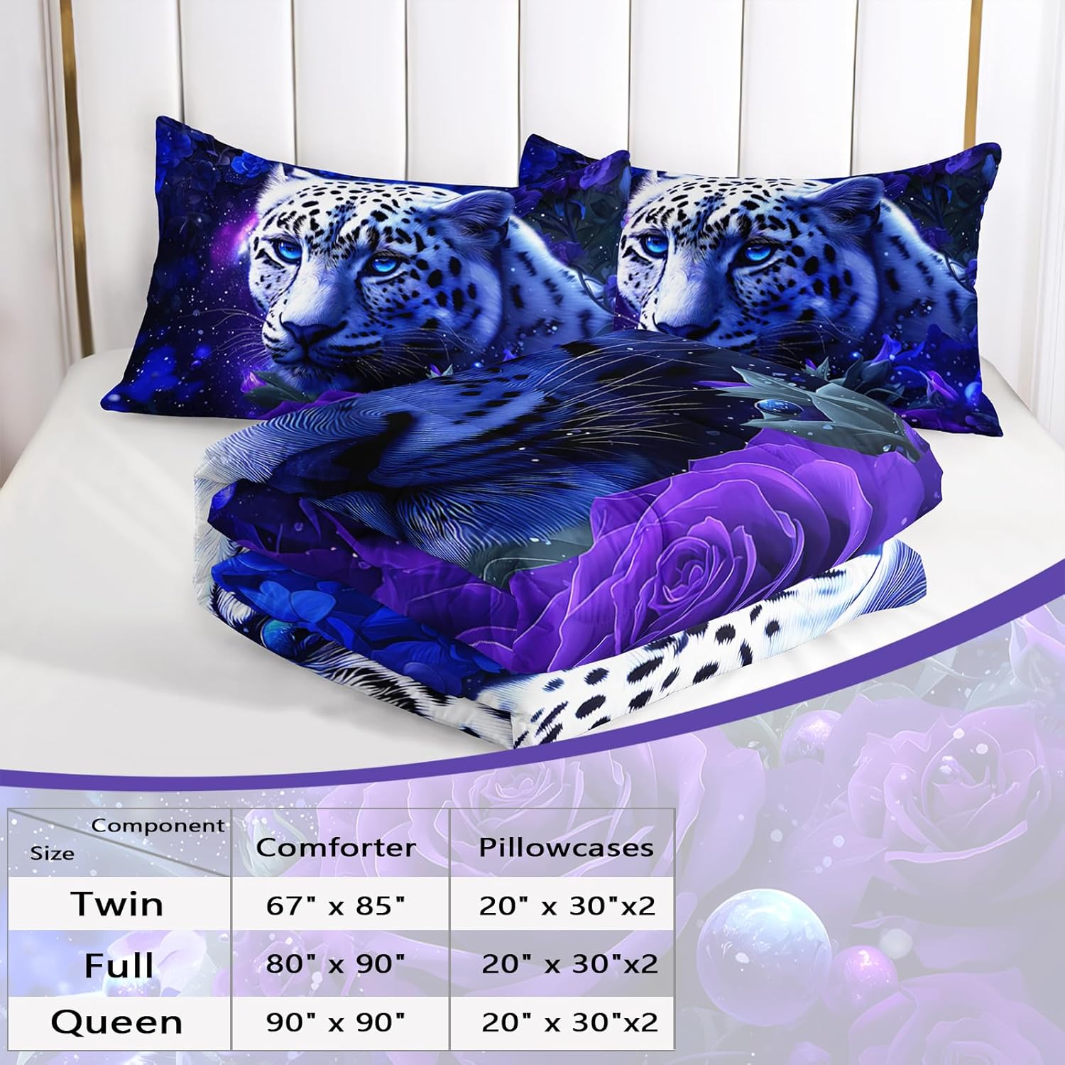 AILONEN Queen Size Snow Leopard Comforter Set - Blue Eyes & Purple Rose Microfiber Bedding, Starry Night & Wild Cat Design with 2 Pillowcases for Boys Girls Room, Teenagers
