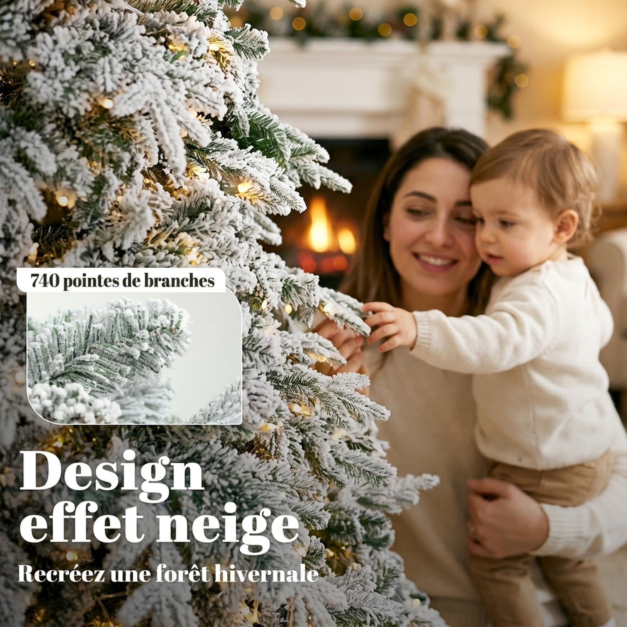 HOMCOM Sapin de Noël Artificiel 180 cm Lumineux Enneigé Vert et Blanc