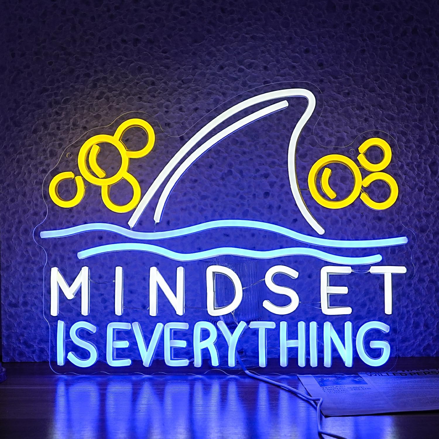 Mindset is Everything Neon Sign Led Fish Shark Neon Light Up Sign Dimmable Inspirational Neon Wall Decor sign for Classroom Office Bedroom School 16.5 * 12.6 IN