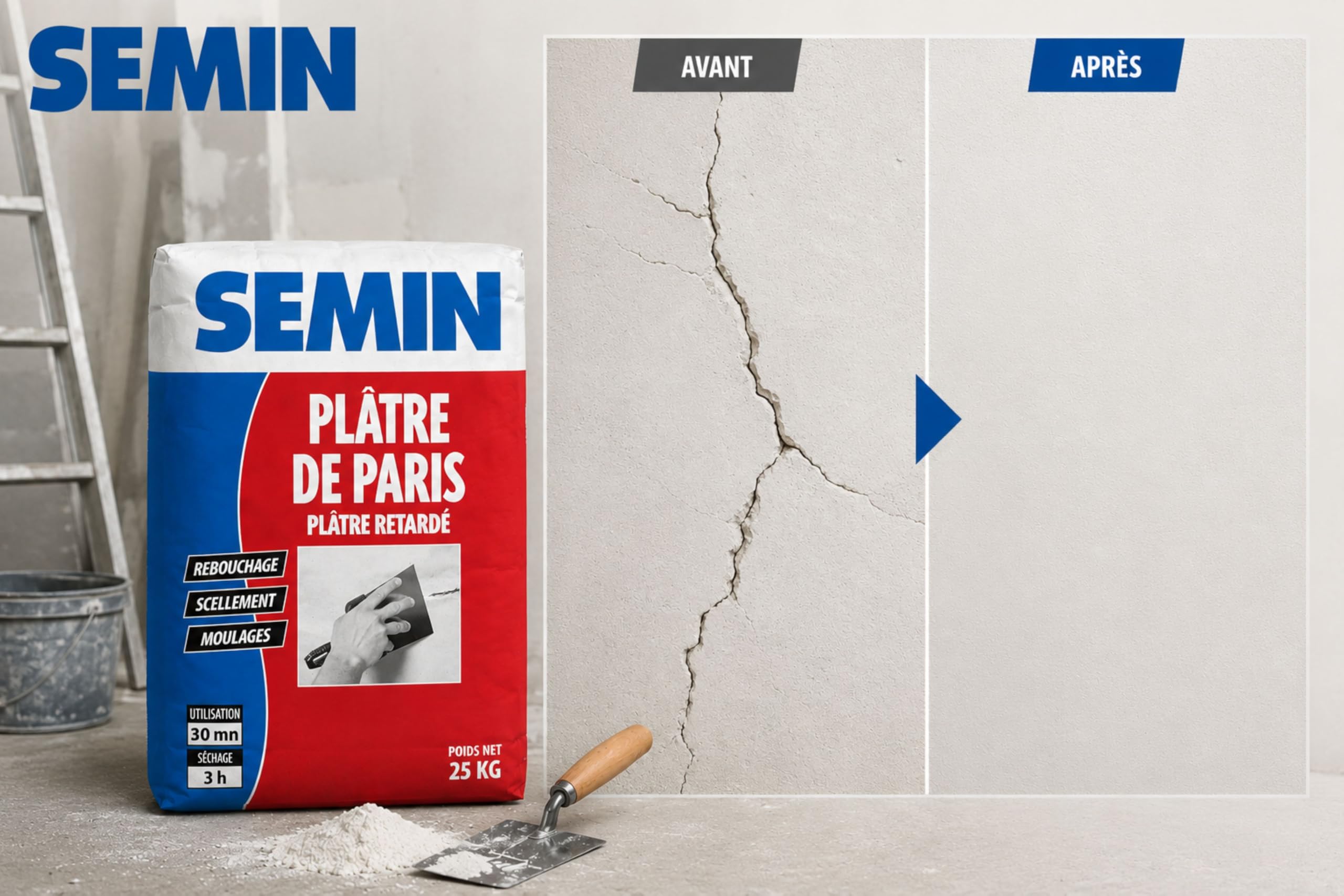 SEMIN Plâtre de Paris 25 kg - Plâtre Naturel Extra Fin - Moulages, Scellements, Rebouchage et Réparations Intérieures - Séchage Rapide 3h - Finition Blanche - Fabriqué en France - Lot de 2