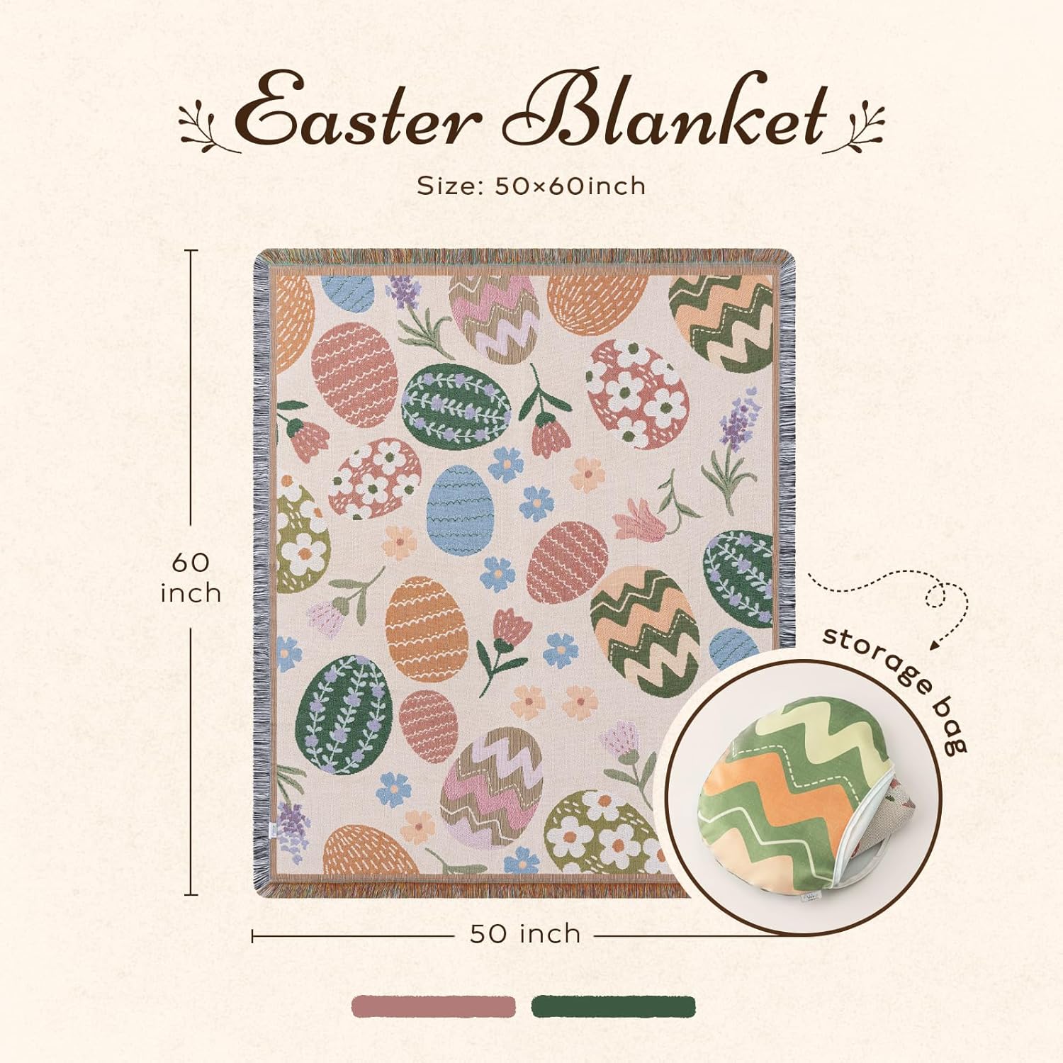 Ashler Easter Throw Blanket, Bed Tassel Blanket with Egg Bag, Soft Breathable Blankets with Easter Atmosphere Egg Pattern for Couch Sofa Living Room Bedroom Spring Decor, Beige, 50 x 60 Inches