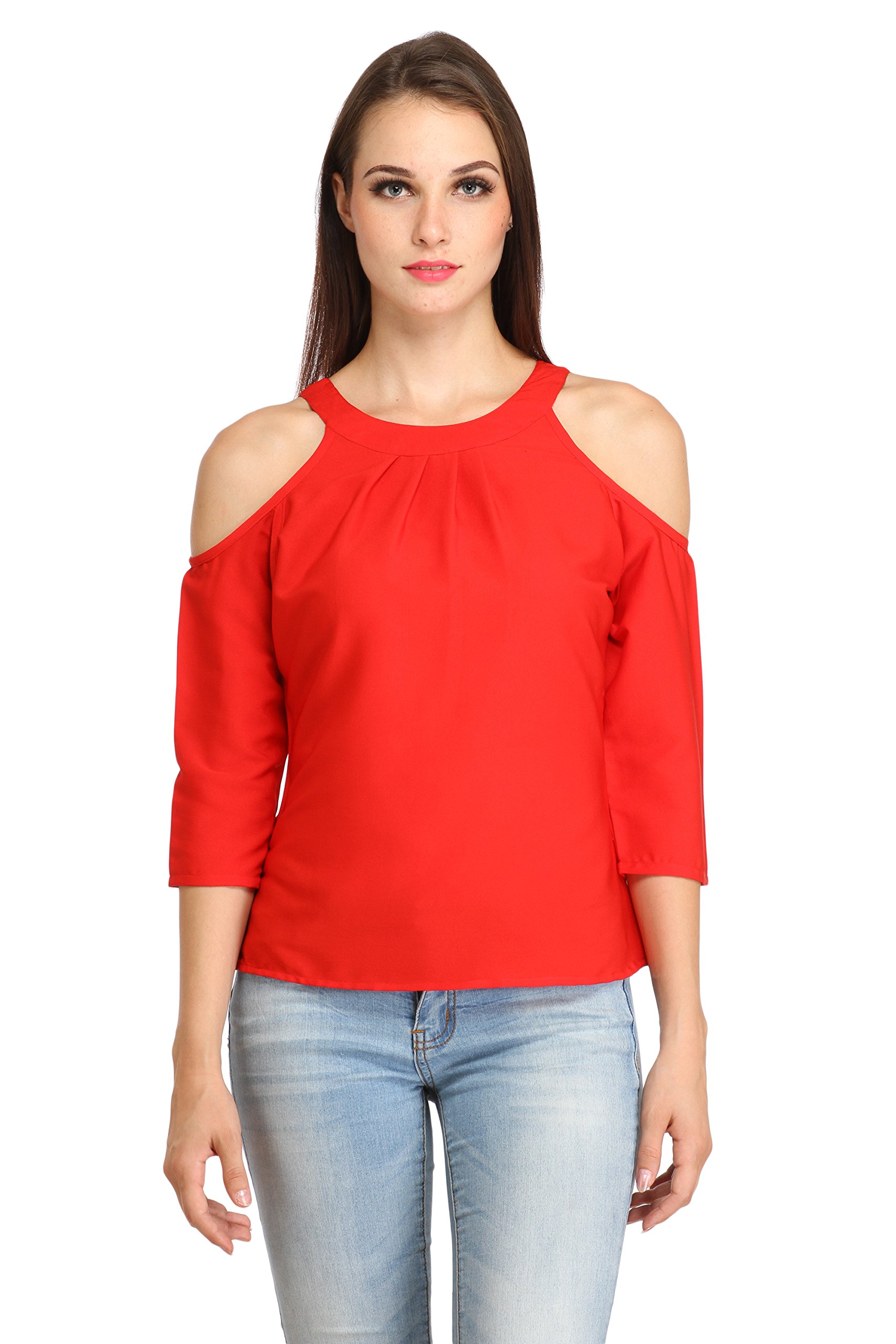 COLOR FUELWomen Crepe Cold Shoulder Top (Red)