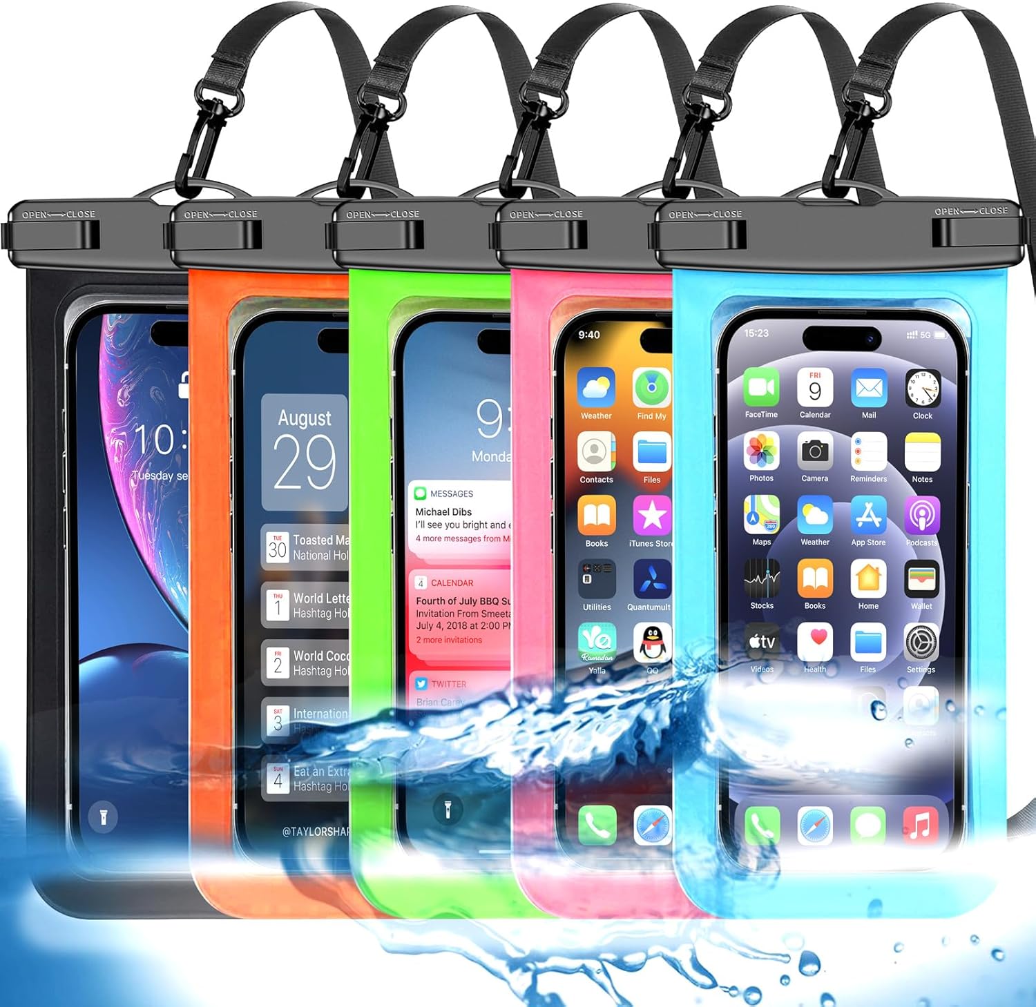 Famoby Up to 8.3 5 Pack Multicolor Universal Waterproof Phone Pouch, Phone Waterproof Case Dry Bag,Protection Level: IP68,Outdoor Sports for Apple iPhone,Samsung,and More,Black,Blue,Pink,Orange,Green