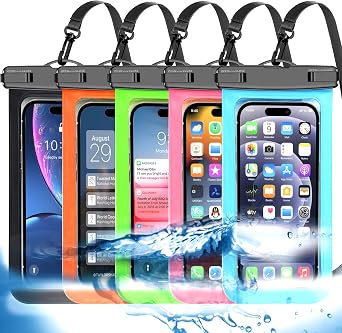 Famoby 5 Pack Multicolor Waterproof Phone Pouch, Cell Phone Case Dry Bag,Protection Level IP68,Beach Cruise for iPhone,Samsung,and More,Lanyard Included,Fits Up to 8.3",Black,Blue,Pink,Orange,Green