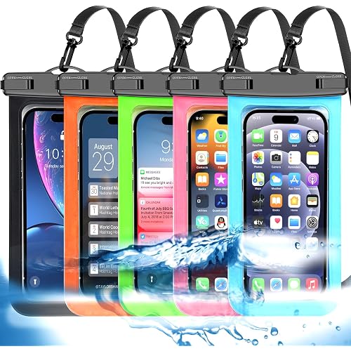 Famoby 5 Pack Multicolor Waterproof Phone Pouch, Cell Phone Case Dry Bag,Protection Level: IP68,Beach Cruise for iPhone,Samsung,and More,Lanyard Included,(Fits Up to 8.3"),Black,Blue,Pink,Orange,Green