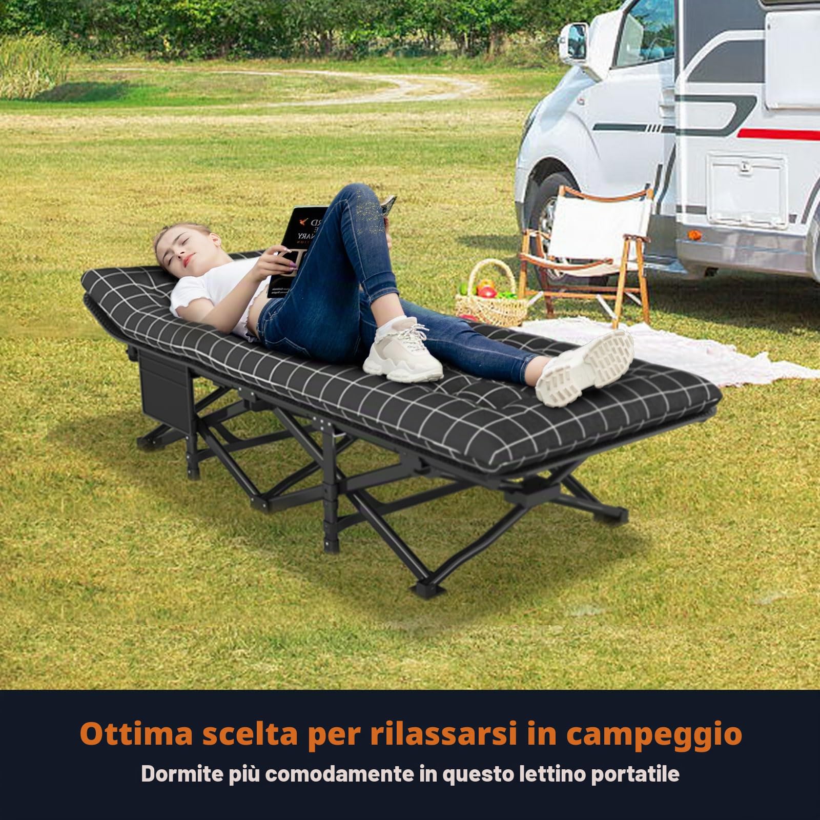 ATORPOK SHOP Letto pieghevole da campeggio fino a 200 kg per letto pieghevole con tasca laterale, lettino da campeggio portatile, per esterni, giardino, campeggio, viaggi, interni