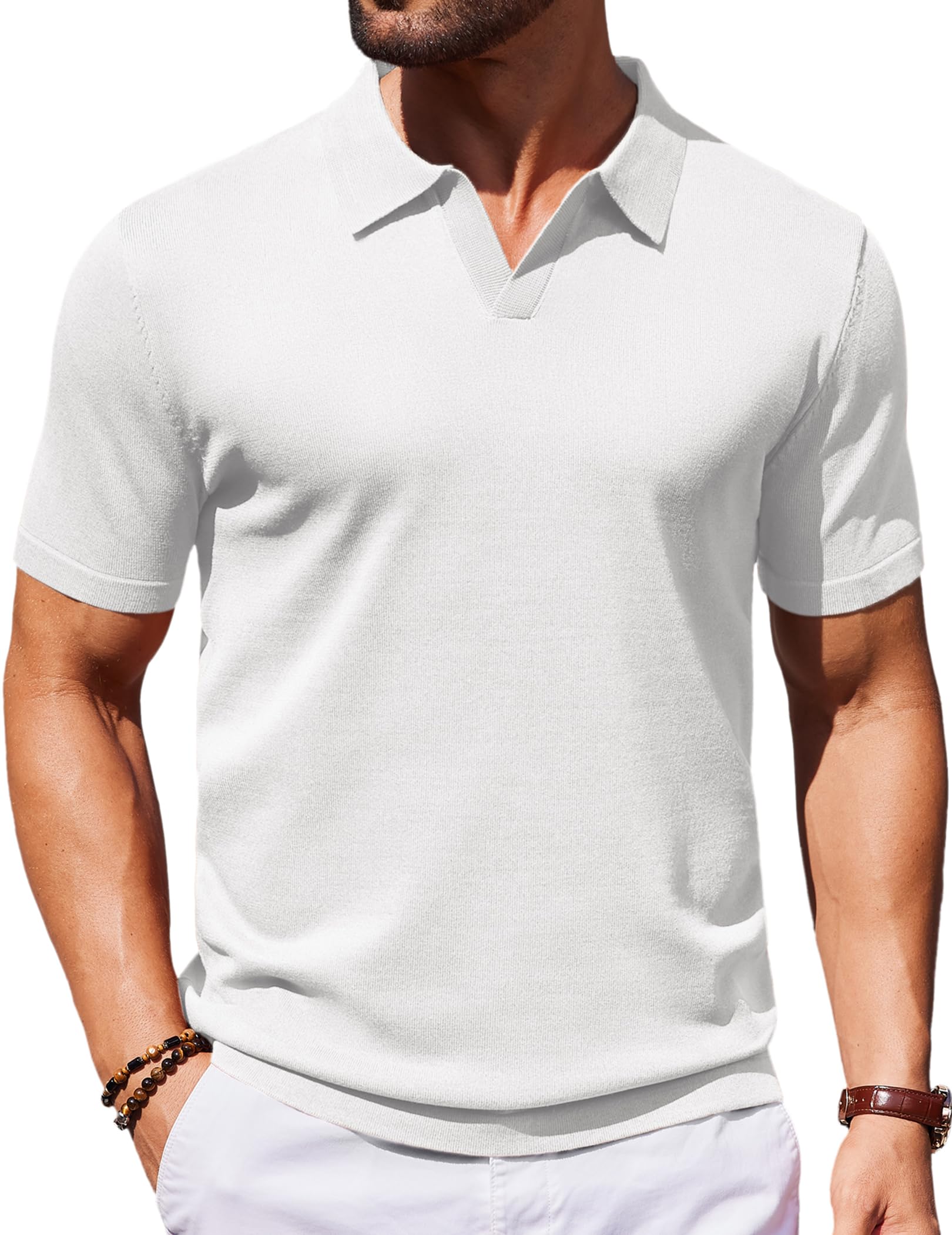 COOFANDY Polo da uomo in maglia con scollo a V, maniche corte, polo elasticizzata casual da golf