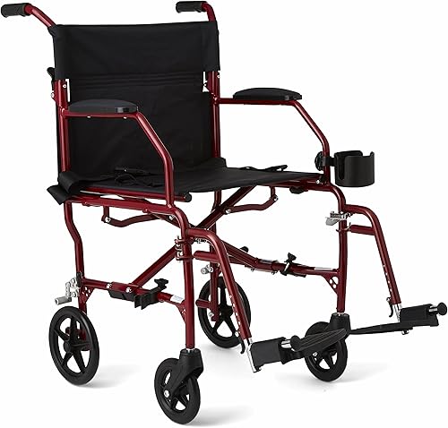 Medline Silla de transporte ultra ligera para adultos, plegable, ancho de asiento de 19 pulgadas, estructura roja, tapicería negra