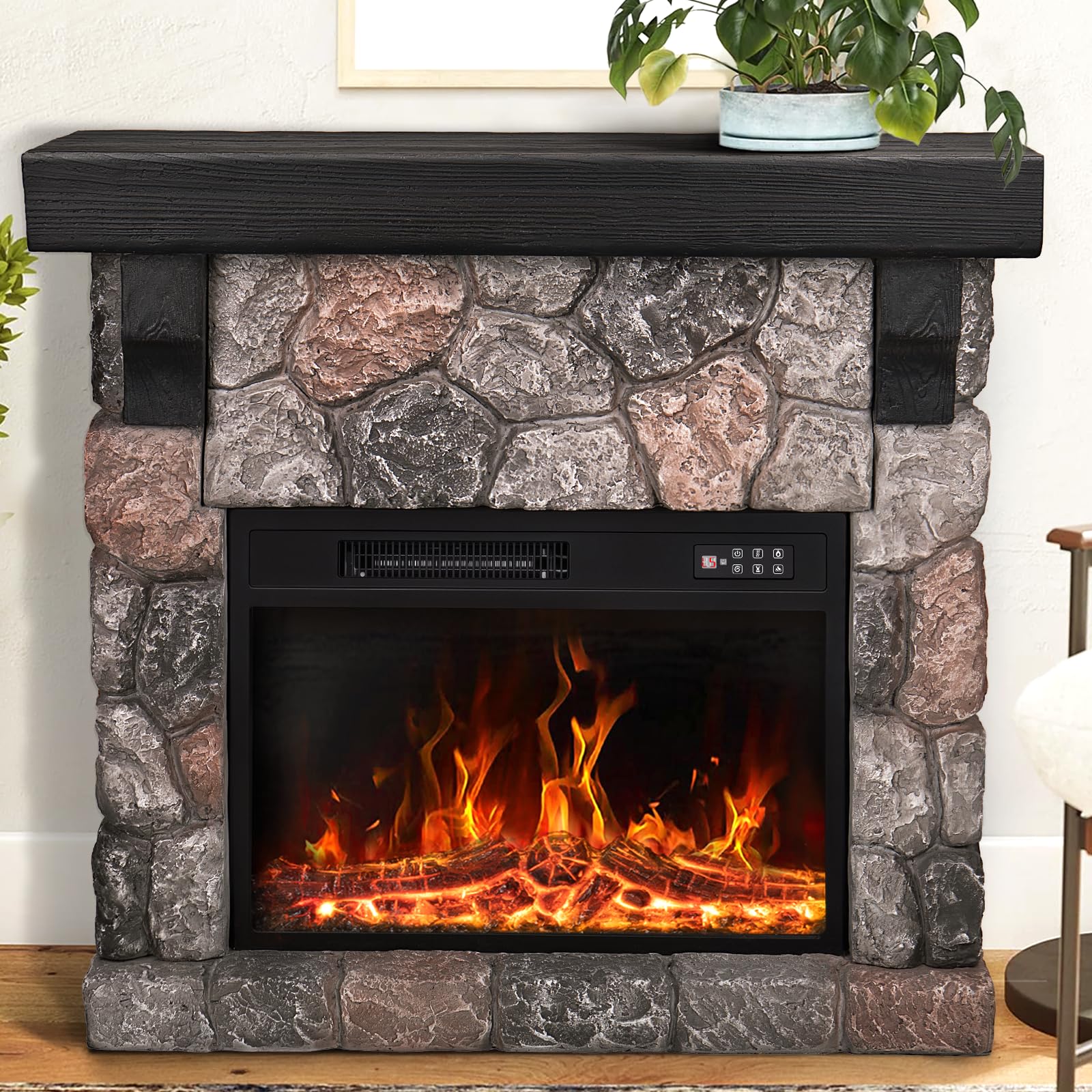 PUKAMI Electric Fireplace with Mantel, Freestanding Stone Fireplace Heater TV Stand with Remote Control, Realistic Flame Effect and 3D Log, 750W/1500W