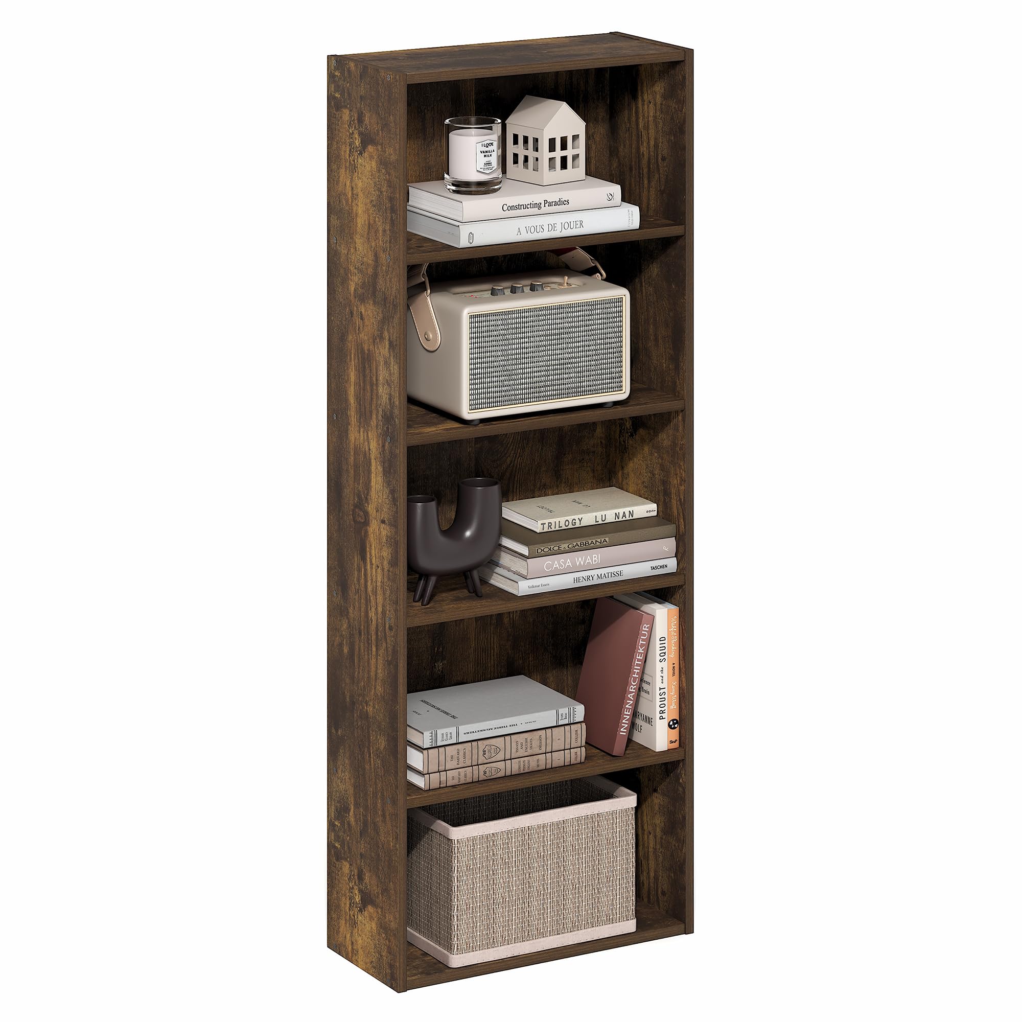 Furinno Basic Book Shelf, 5-Tier Bookshelf, Storage Organizer Bookcase with Open Shelf, 7 x 17 x 44, for Living Room, Bedroom, Home Office, Amber Pine