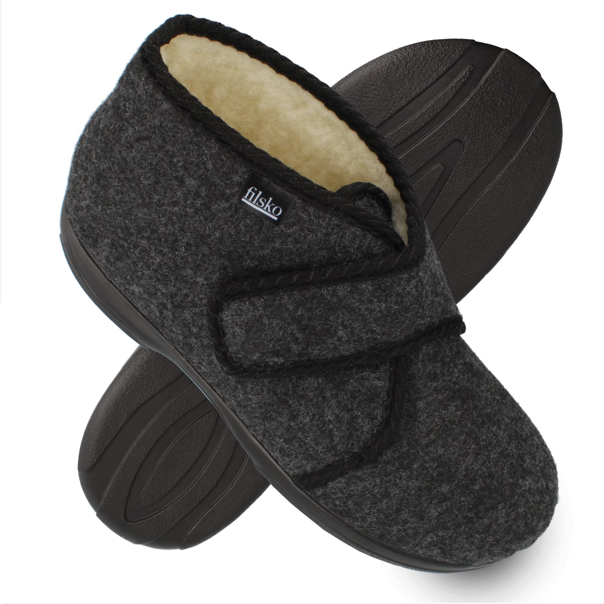 Hedlunda - Hausschuhe - Schafwolle - warm & weich - Klettverschluss - biegsam - grau/weiß - 36 bis 46 EU