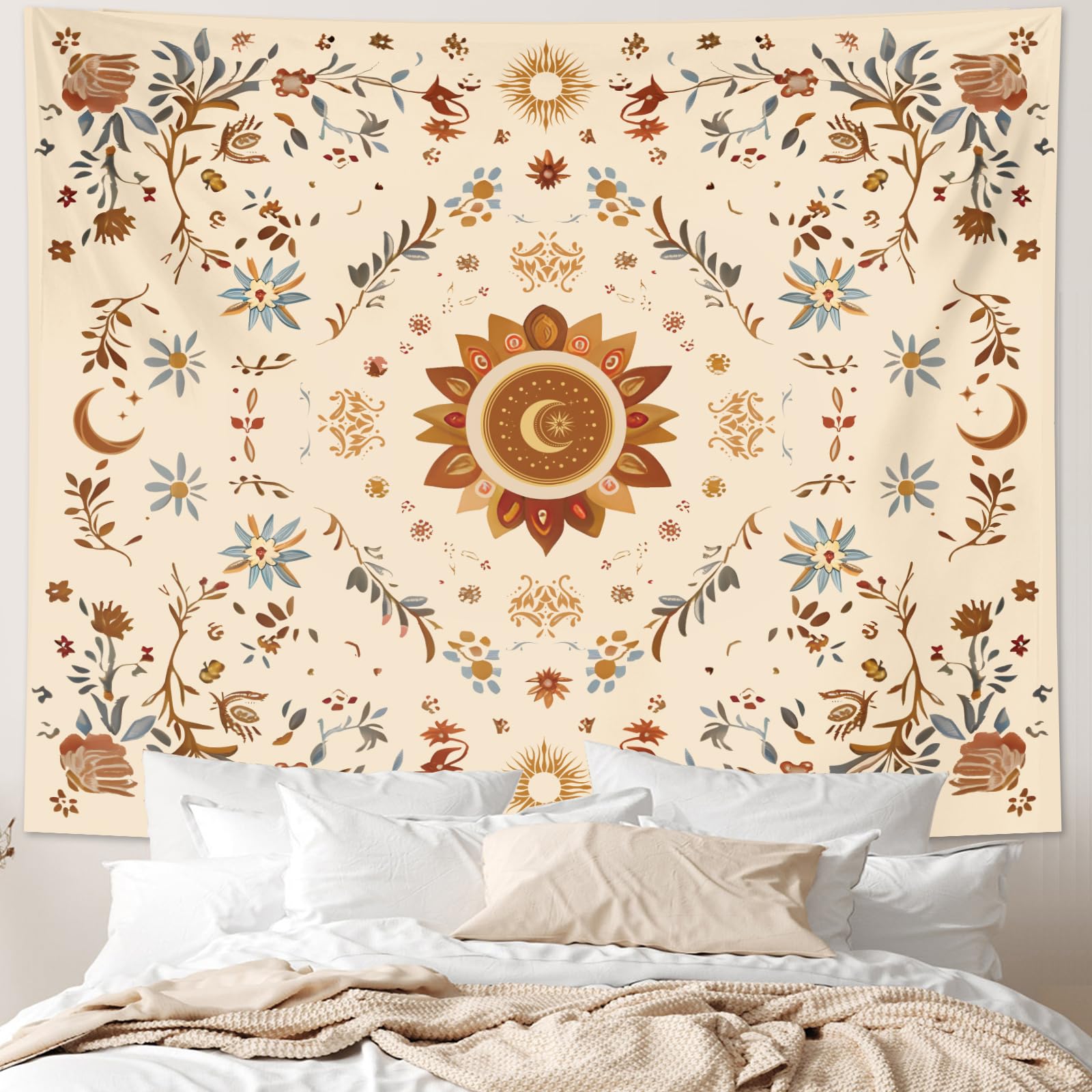 Apdidl Boho Sun Floral Tapestry Wall Hanging Bedroom Aesthetic, Bohemian Vintage Moon Girl Room Decor Tapestries, Cute India Hippie Outdoor Wall Covering for Living Room Dorm (51"X60")