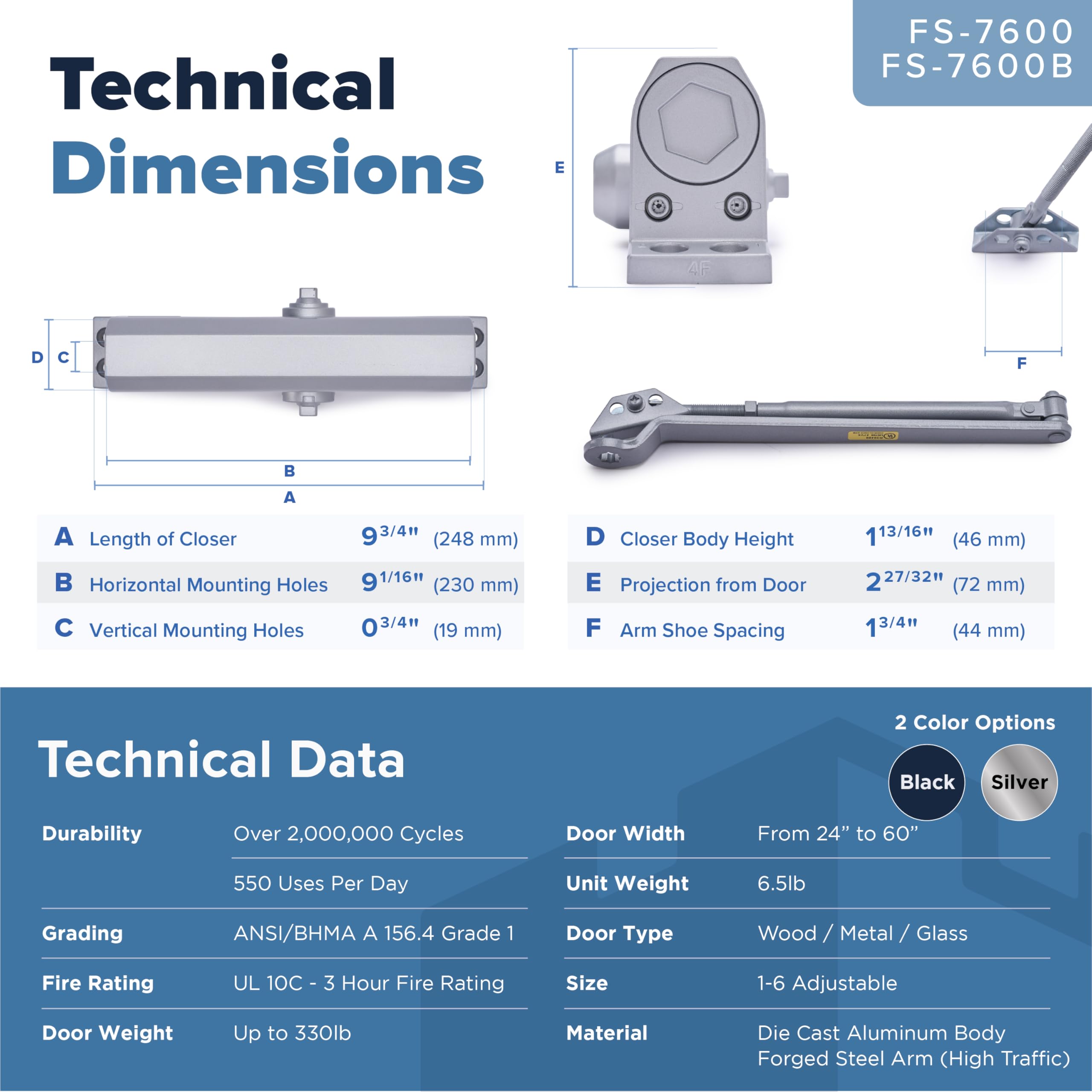 Door Closer Lightweight Commercial Door Closer FS-6300, Size 4, w/Fitting Template - Regular, Top Jamb or Parallel Installation (Silver)