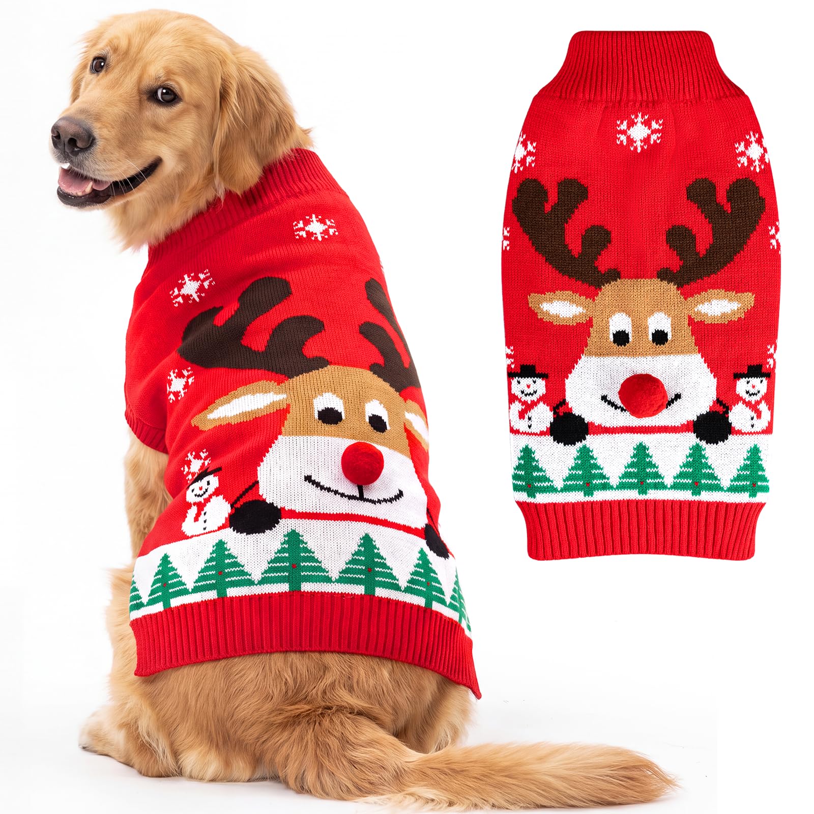 FWLWTWSS Christmas Dog Jumper, Reindeer Pattern Festive Puppy Sweater, Cute Xmas Party Outfit, Warm Knitted Winter Wear - Size XXXL