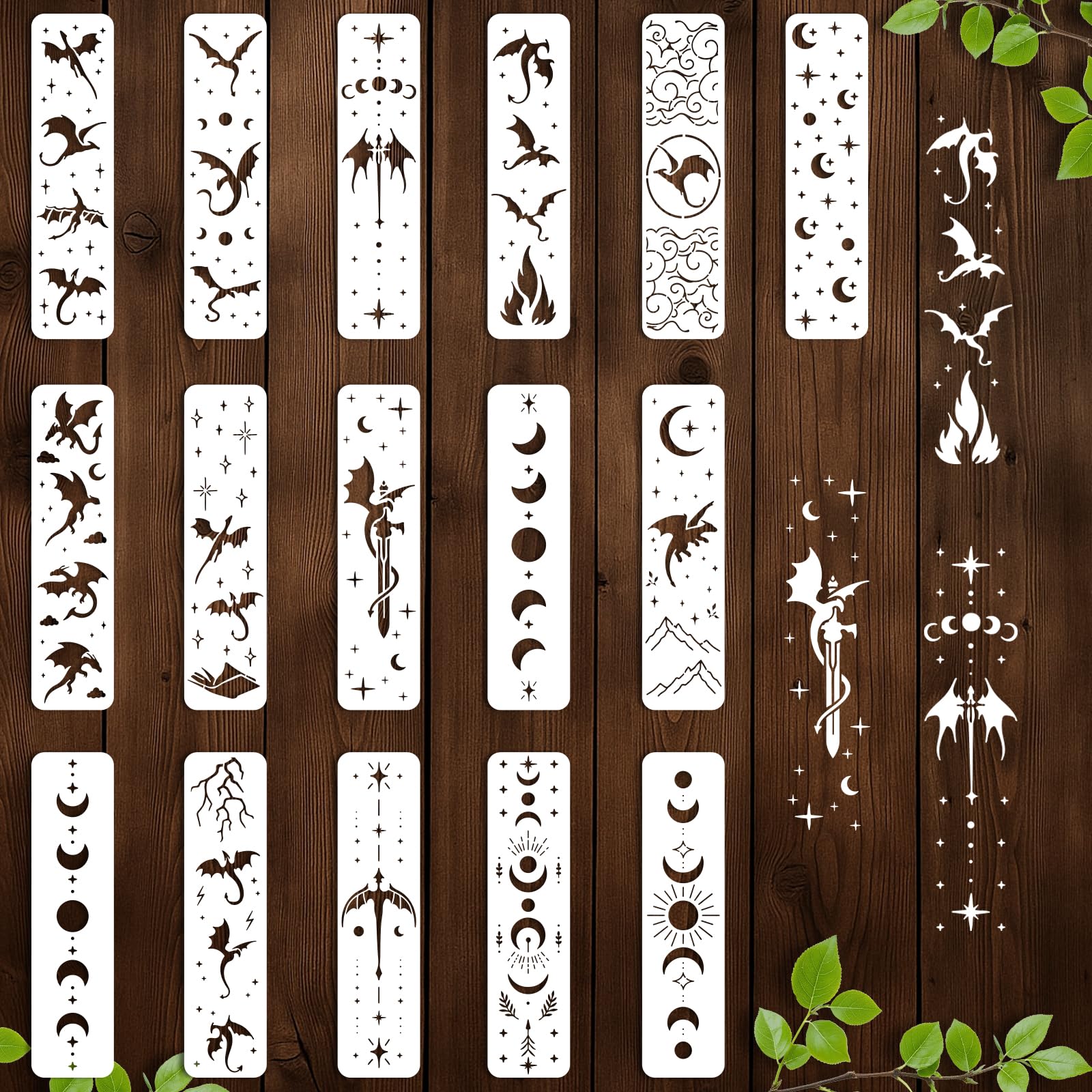 beinkmake 16Pcs Sun Moon Stars Stencil for Painting PET Templates Flying Dragon Inlay Border Stencils for Furniture Reusable DIY Craft Wall Wood Fabric Canvas Paper Home Decor
