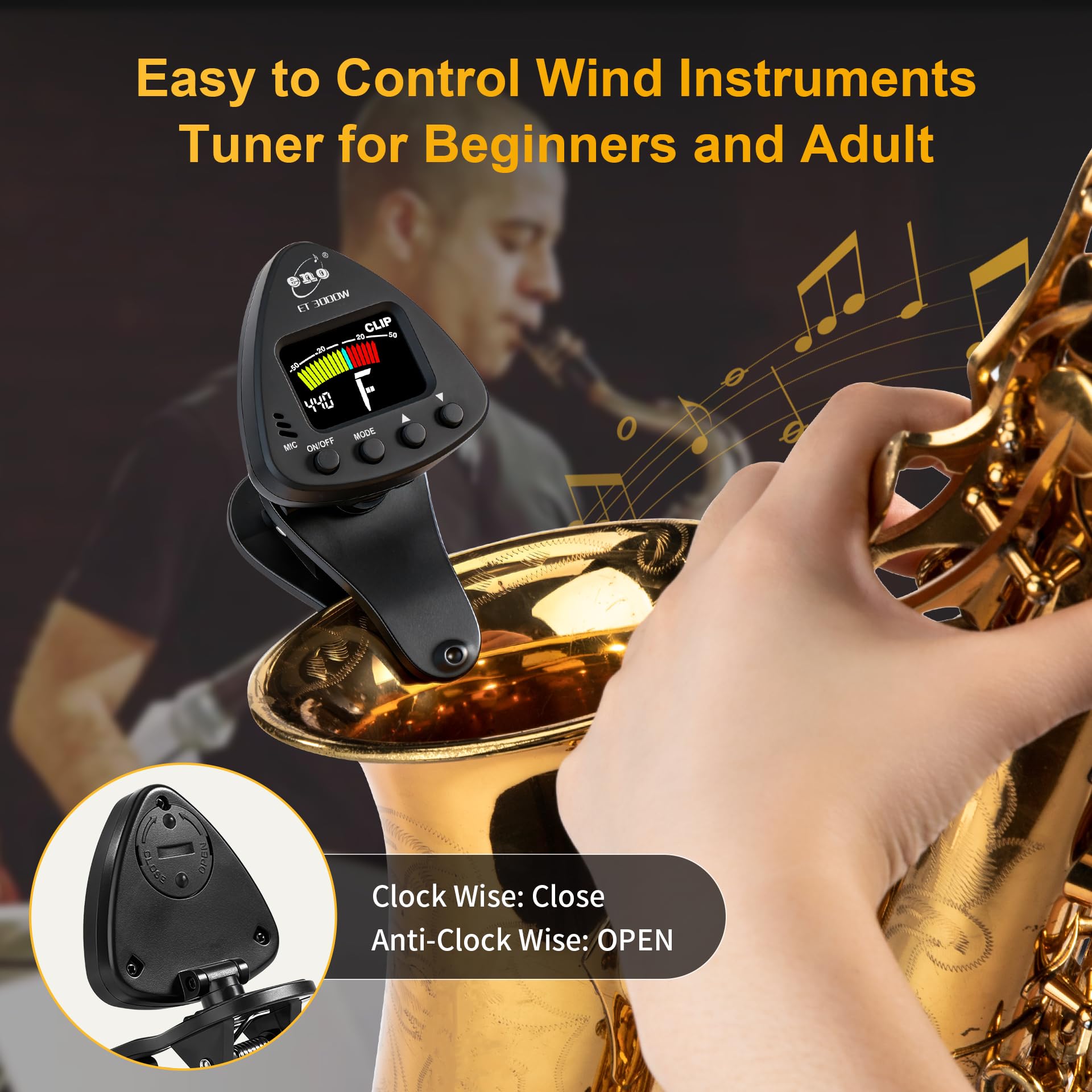 ENO MUSIC Professionelles Stimmgerät für Altsaxophon mit farbigem LCD-Display – solides Blasinstrumentenstimmgerät, Saxophon-Zubehör für Musiker