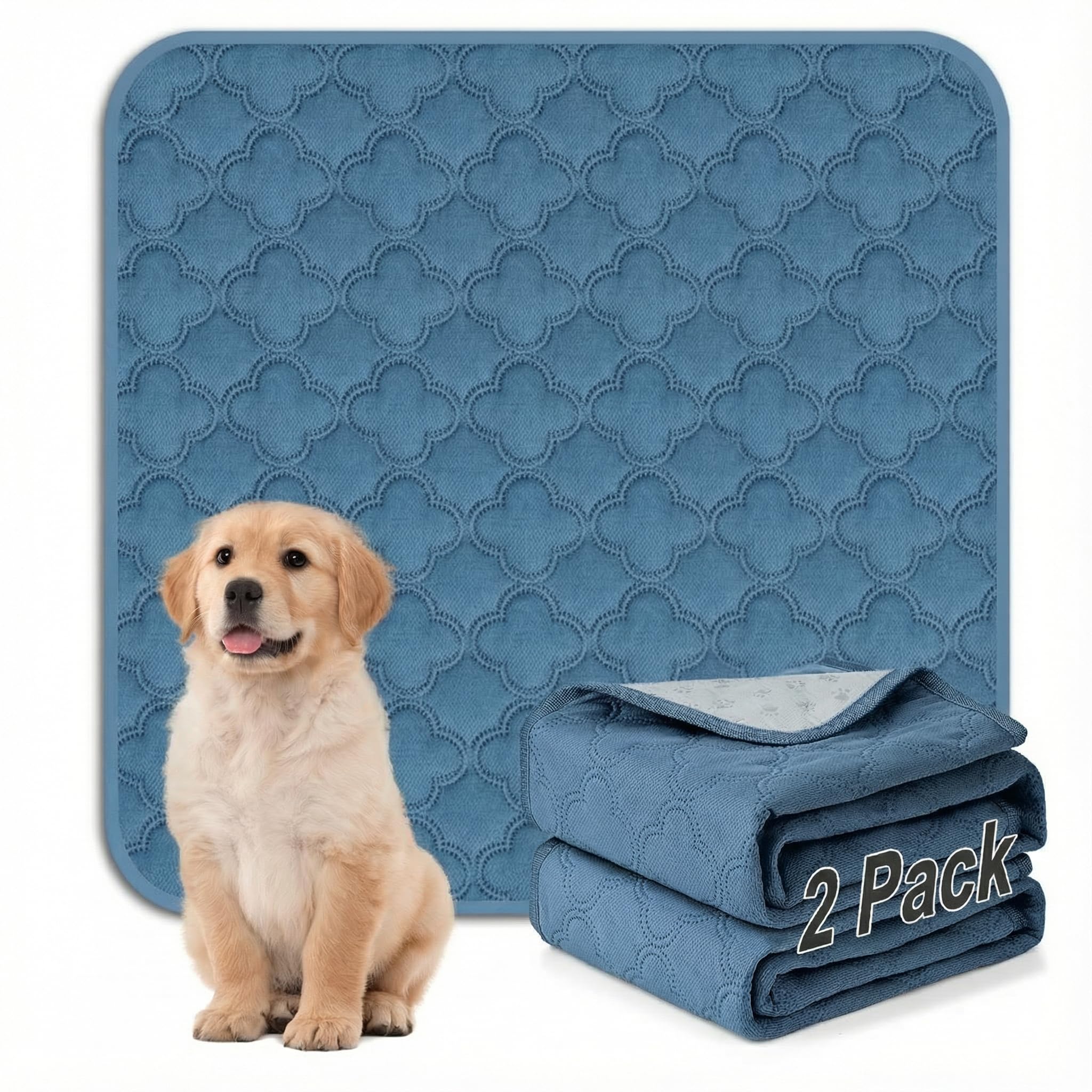 FunFurry Washable Pee Pads for Dogs - 2 Pack Reusable Pee Pads，Waterproof Puppy Pads，Pet Training Pads，Super Absorbent with Dog Paw Shape Non-Slip Backing (Blue, 36" X 36" - 2 Pack)