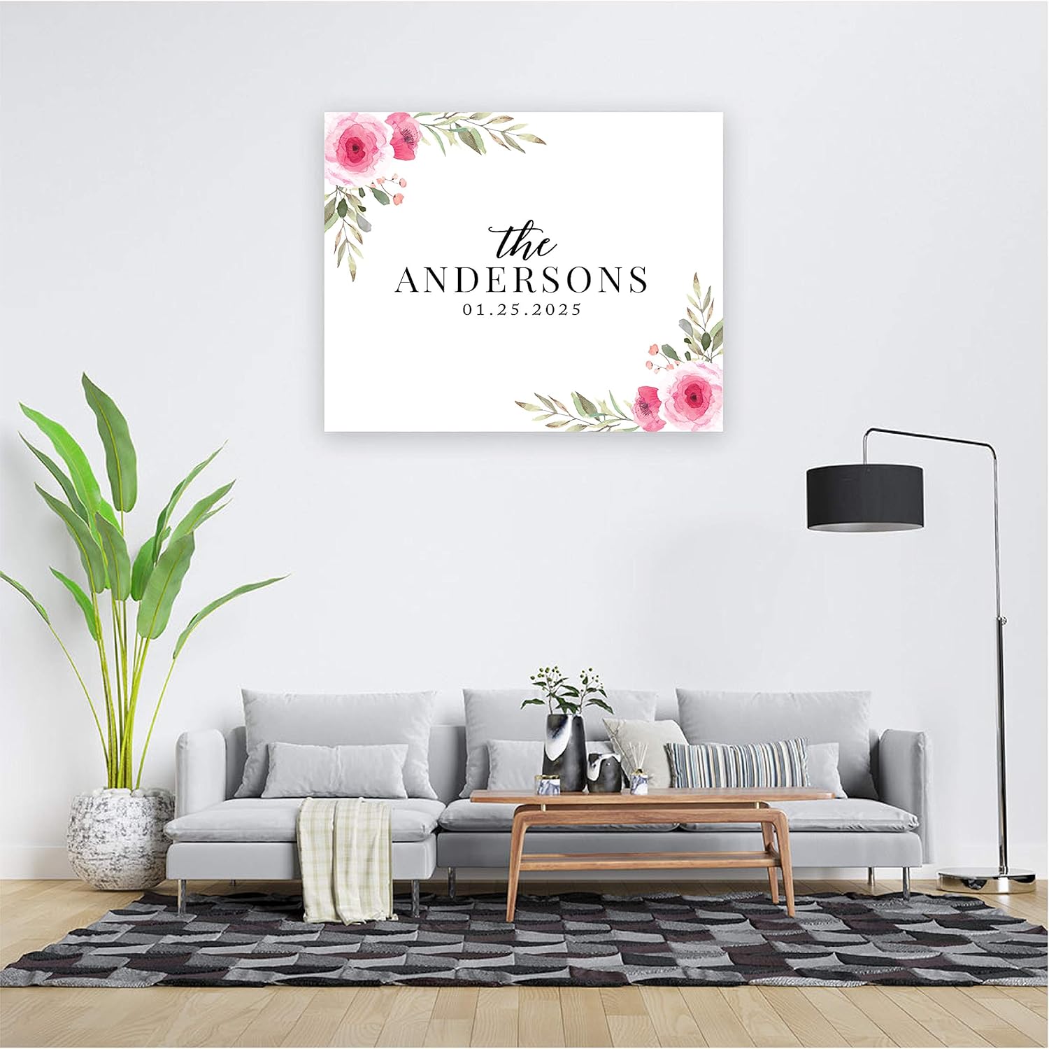 Andaz Press Custom Large Canvas Wedding Guest Book Alternative, 16 x 20 Inches, Pink Watercolor Florals, Horizontal, Personalized Welcome Sign for Floral Guest Book Signs for Wedding