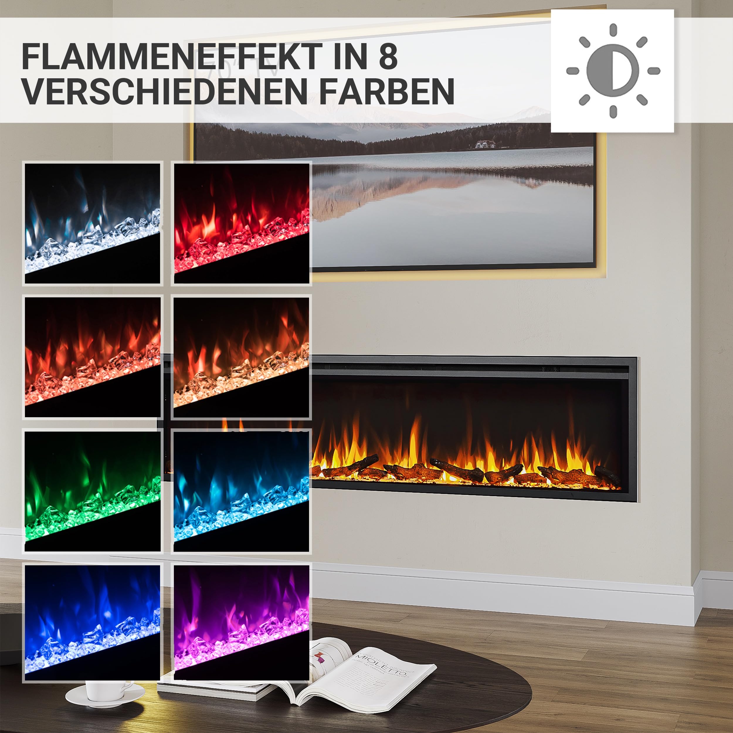 BALDERIA Atalanta 72 Einbau Kamin, App Steuerung | Elektrischer Einbaukamin, Heizung 1000/2000 W, 3D-Flammeneffekt, Knisterfunktion, Fernbedienung, Timer, Thermostat