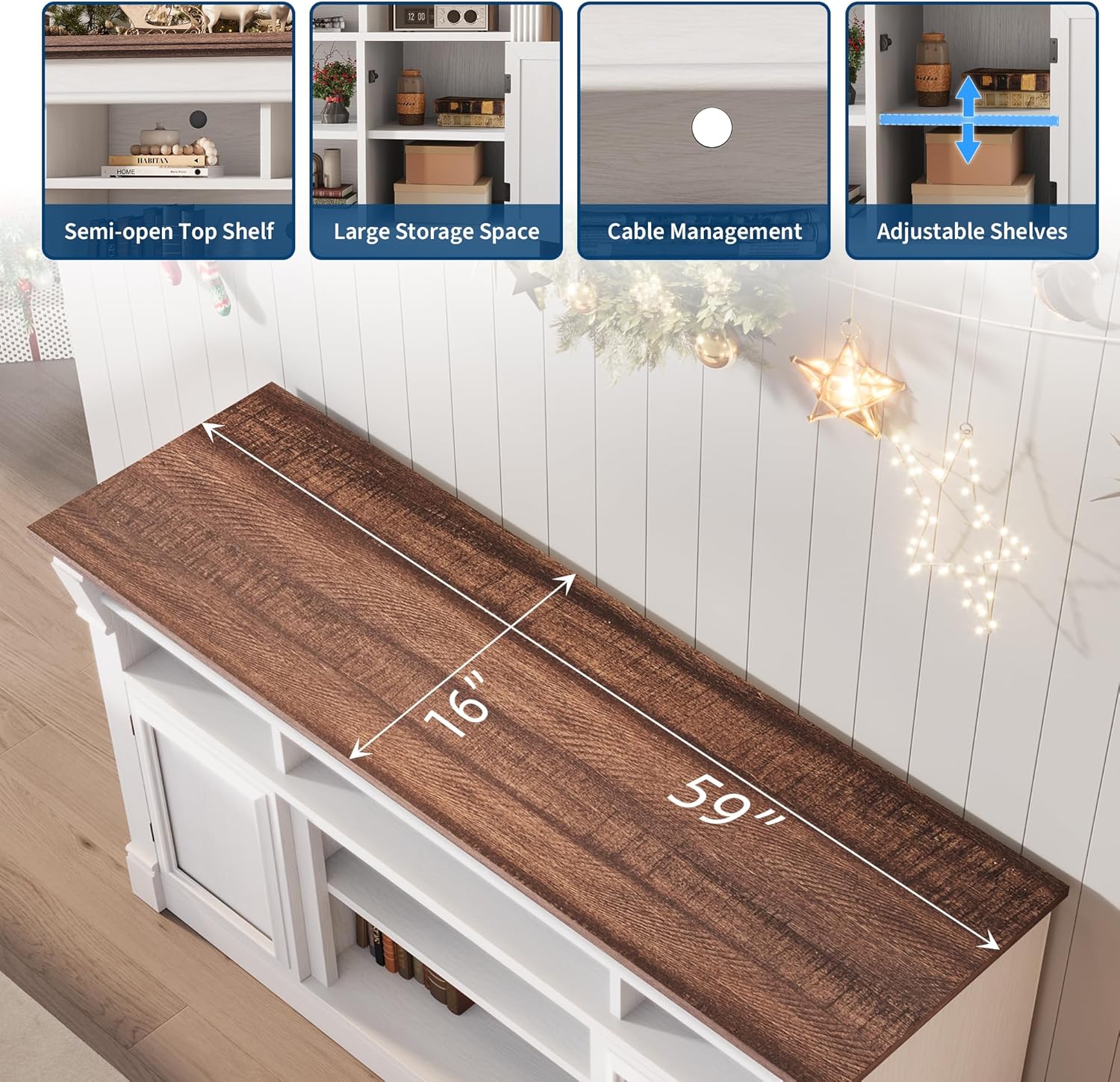 IDEALHOUSE Farmhouse TV Stand for TVs Up to 65", Entertainment Center with Open Storage & Adjustable Shelves, TV Console with Doors for Living Room and Bedroom