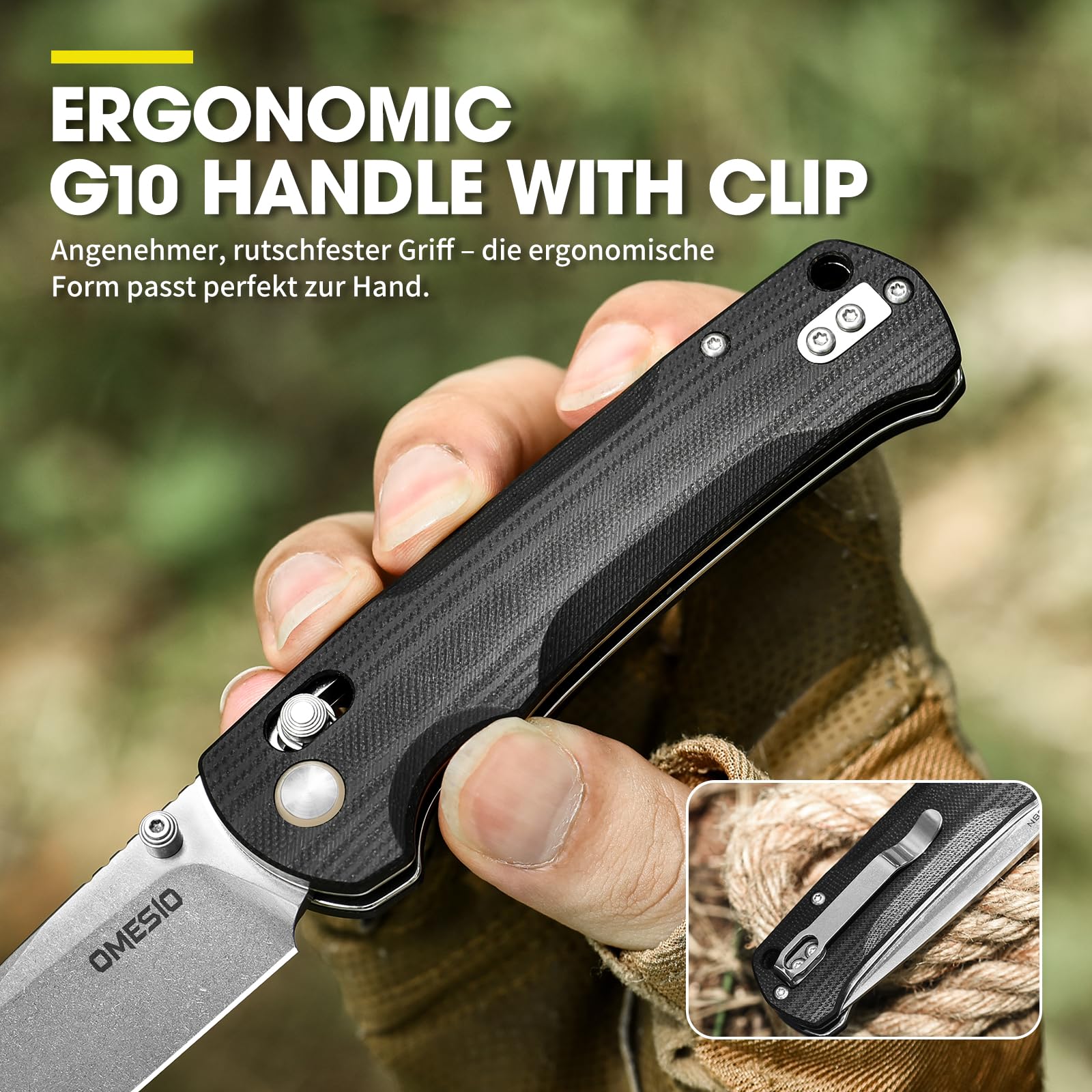 Omesio Couteau pliant M-LB21 Tanto, lame en acier 14C28N, manche en G10, conception légère, étui en nylon inclus, longueur de lame 8,4 cm, idéal pour le camping en plein air.