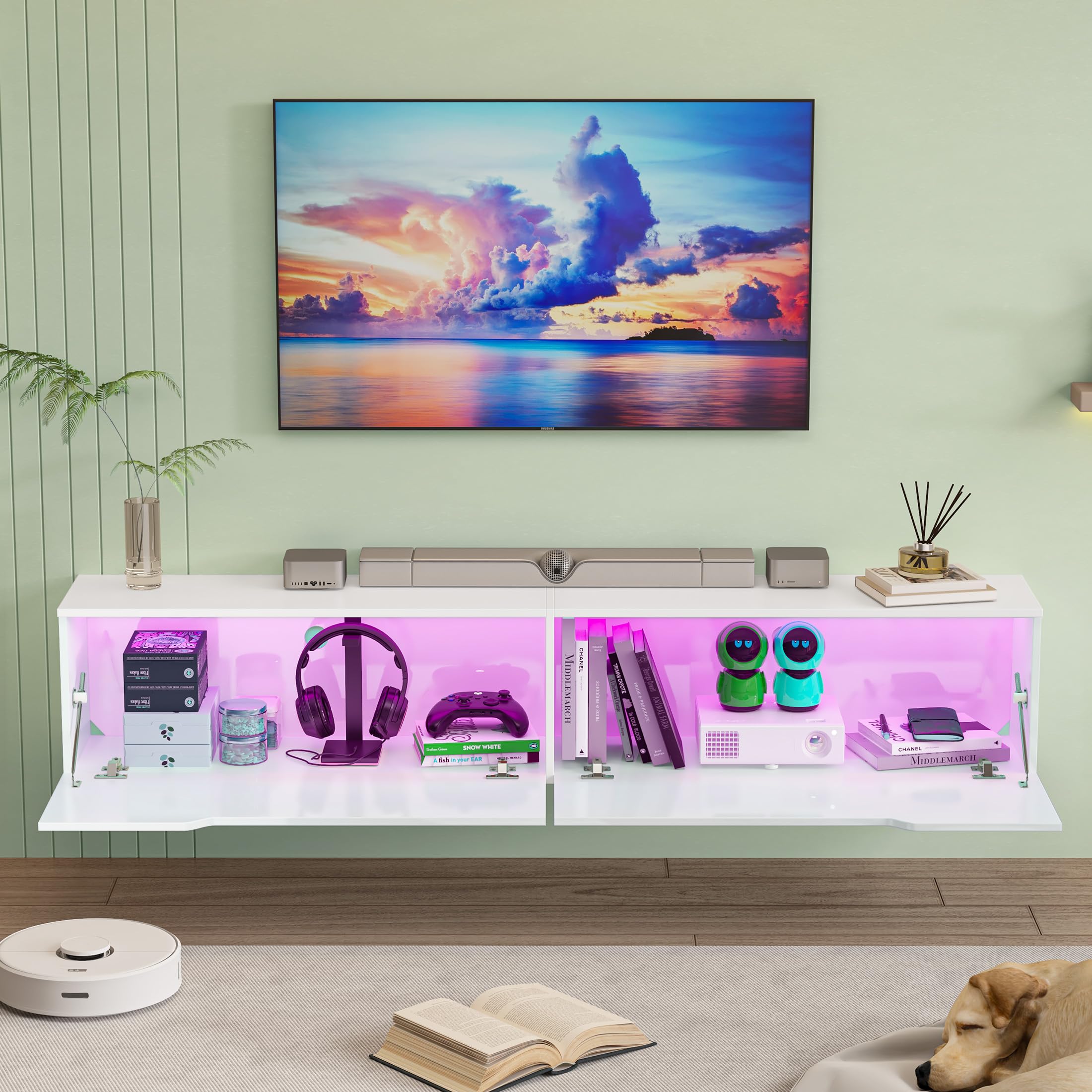 Hängender TV-Schrank mit LED-Leuchten, TV-Ständer TV-Konsole Unterhaltungszentrum mit 2 Aufbewahrungsschränken für das Wohnzimmer, 16 Farben können eingestellt Werden, 175 x 32 x 30cm (Weiß)