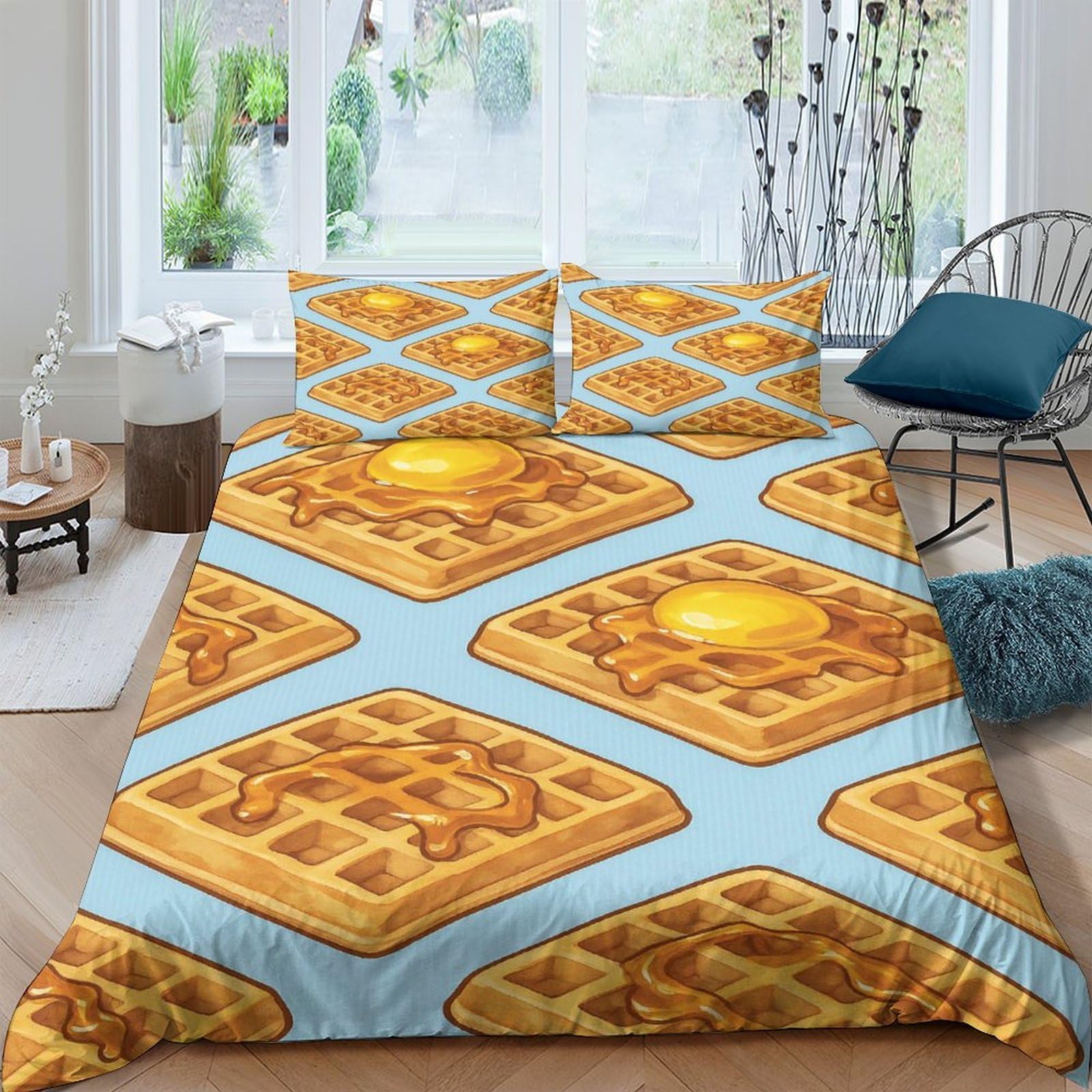 GPLZQXKJNH 3D Printed Waffle Breakfast Duvet Cover Set Microfiber Soft Breathable Butter Grid Bedding with 2 Pillowcases for Bedroom Decor Single（135x200cm）