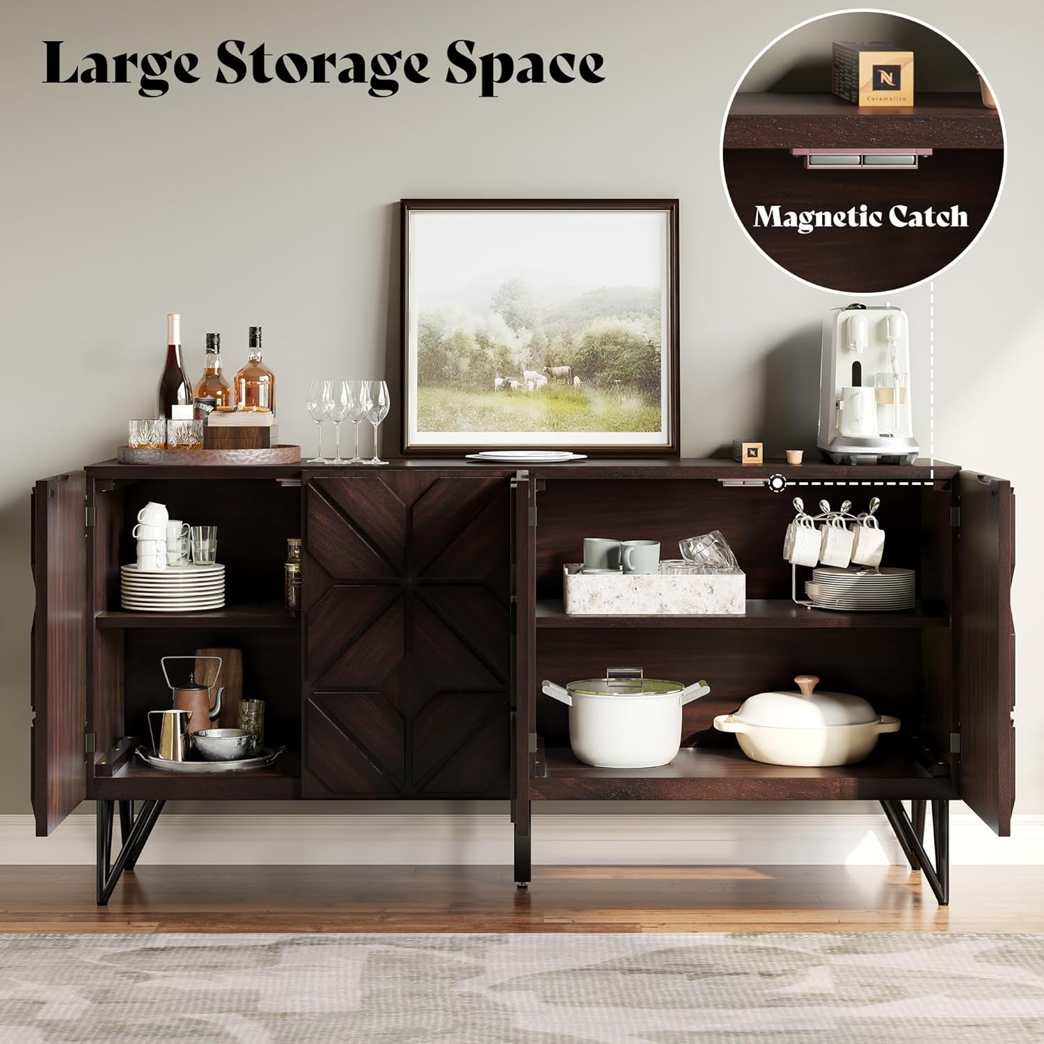 AMERLIFE 63” Solid Acacia Wood Sideboard Buffet Cabinet, Hand-Carved Geometric Door Console with Adjustable Shelves for Hallway, Living Room or Kitchen, Dark Walnut