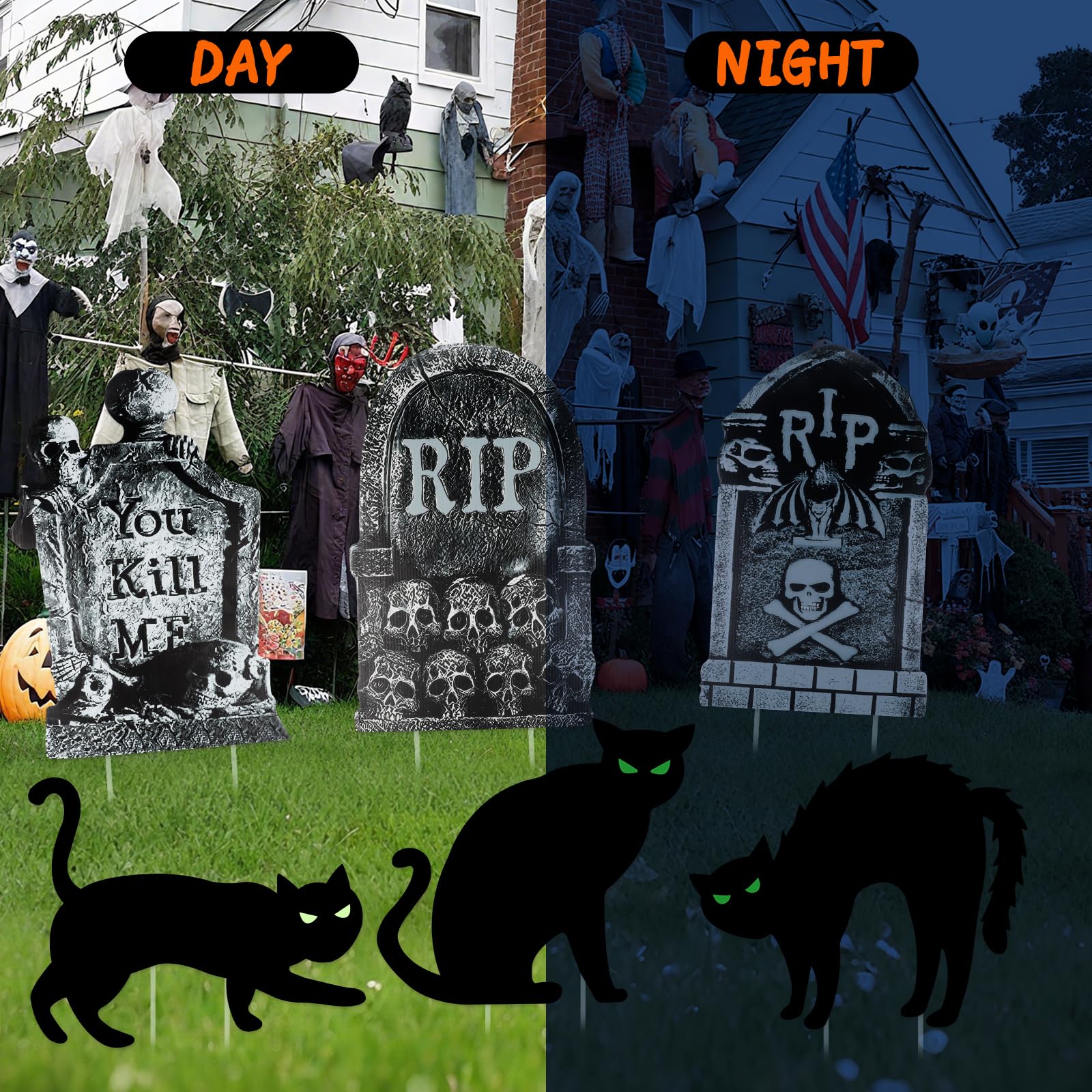 6 Lapidi E 2 Gatti Fluorescenti Per Cimitero Di Halloween - Decorazioni In Schiuma Per Esterno/Interno - Per Giardino, Eventi, Carnaval, Labirinti - 4