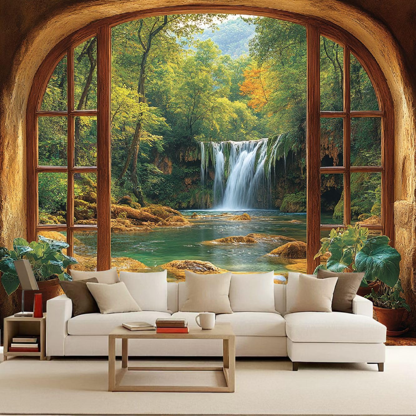 Foto Mural Ventana Paisaje Bosque Cascada Fotomural, Murales Decorativos Pared, Fotomurales 3D Papel Tapiz Fotográfico Mate‌ Papel Pintado Pared Dormitorio Para Salon Habitación infantil 350x256 cm