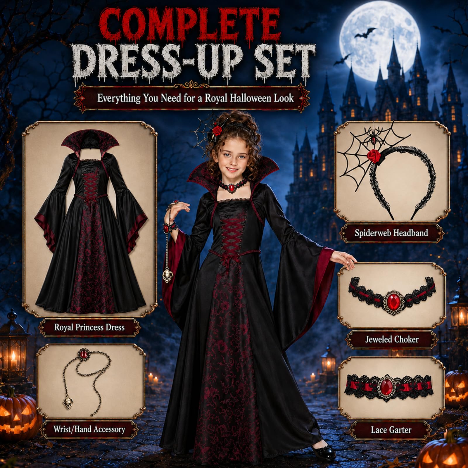 Mädchen Gothic Vampirkostüm Umhang 3-5 5-8 8-12 Gruseliges HalloweenCosplay