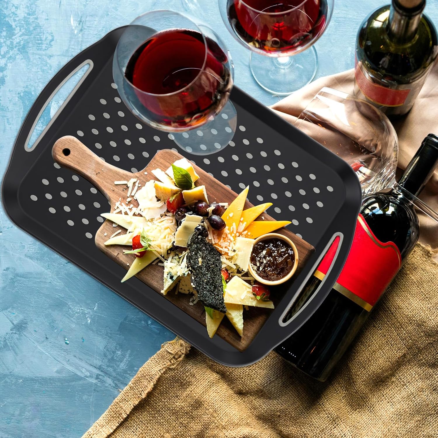 Large Nonslip Serving Tray with Handles, Silicone Grippy Dots Lap Food Trays for Eating, Dishwasher Safe Serve for Breakfast Dinner Snack Fruit Appetizers Beverage, Rectangular, Set of 2, Black - Image 7