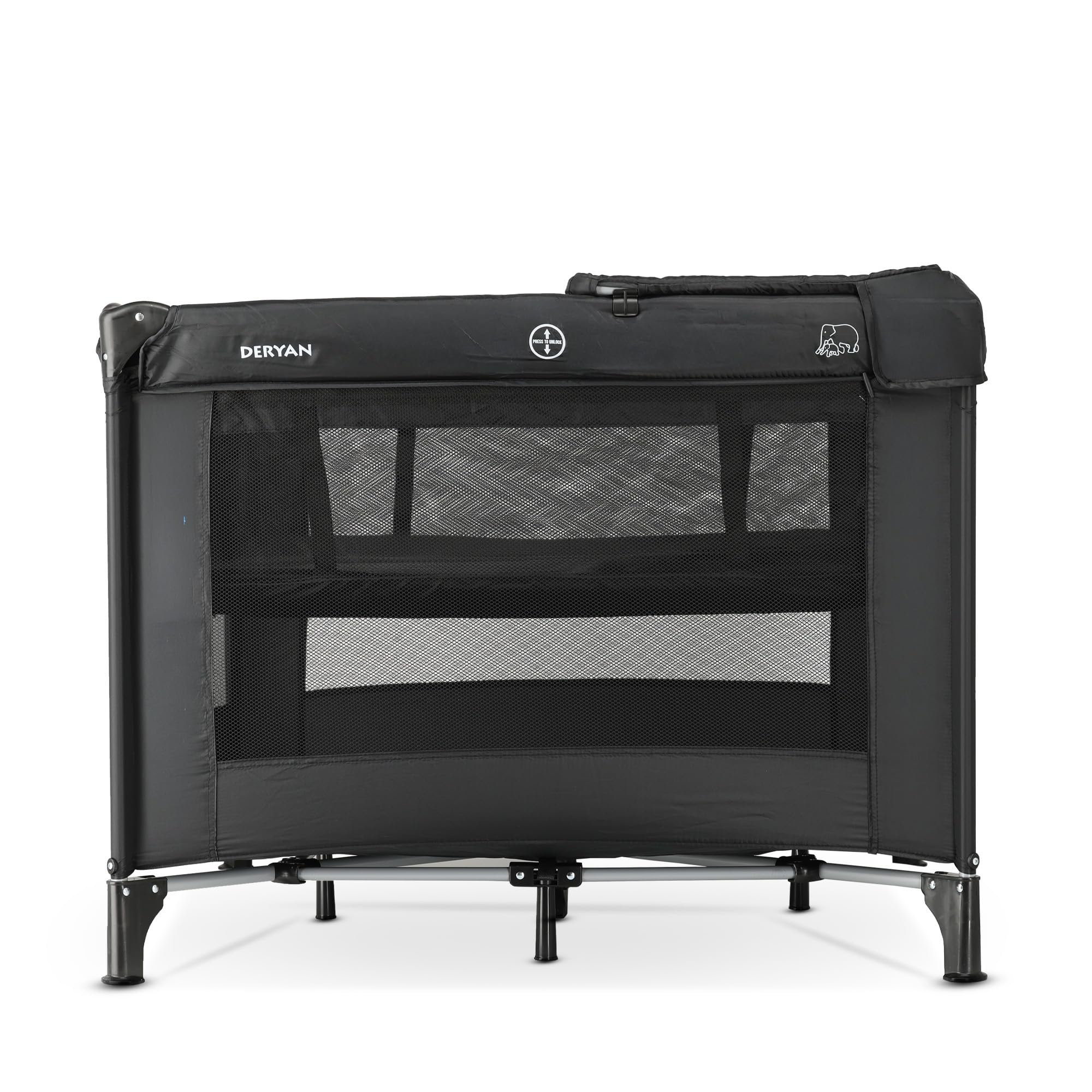 Deryan Lit Parapluie Bébé avec Matelas Inclus, 0-5 Ans (0-20 kg), Léger 9 kg, Grand Matelas, Ouverture Latérale, Design Pliable, Sac de Transport Inclus, 100 x 100 cm (Noir)