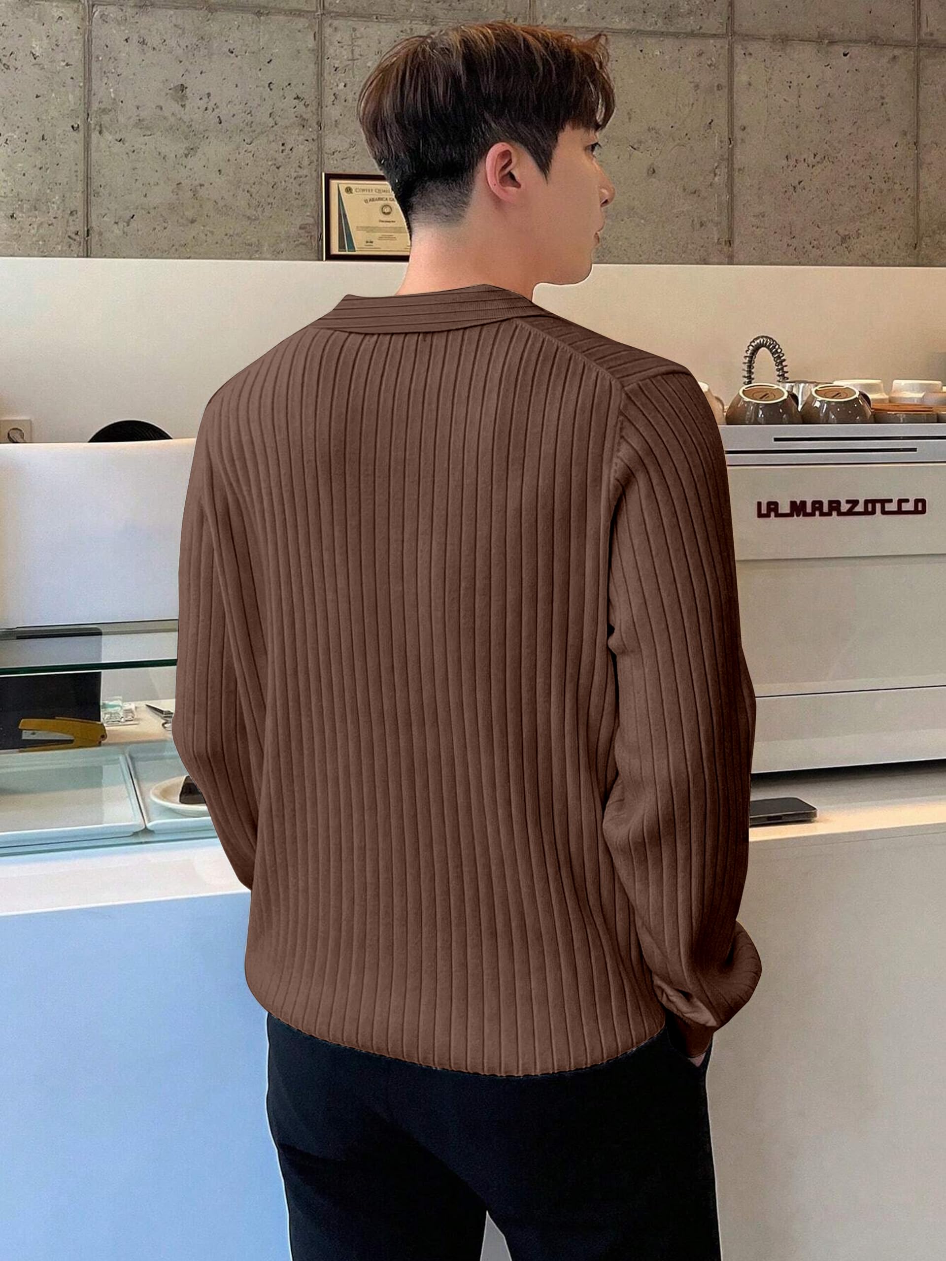 KAJARU Men's Ribbed Knit Polo T-Shirt, Long Sleeve (in, Alpha, M, Coffee) - Image 4 thumbnail