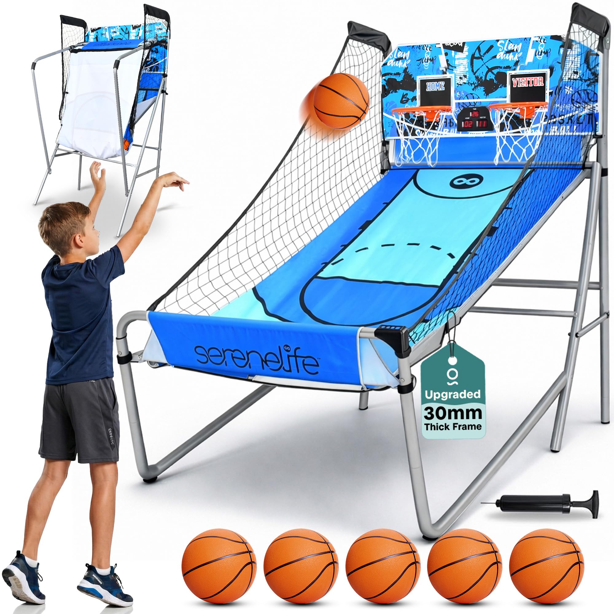 SereneLife Basketball Arcade Game, Foldable Dual Shot Basket Ball Hoop Game, Outdoor Sport Indoor Home Arcade Room w/ Digital LED Scoreboard & Play Timer, Electronic Shooting Machine for Kids & Adults