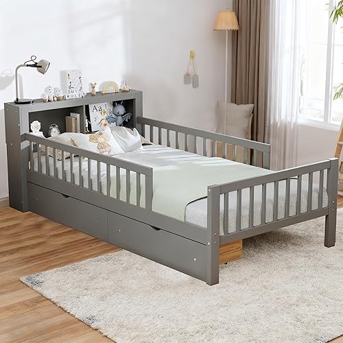 Miniatura 3 de Bellemave Base de cama individual para niños con vallas, 2 cajones y cabecera de almacenamiento, cama de plataforma de tamaño individual con