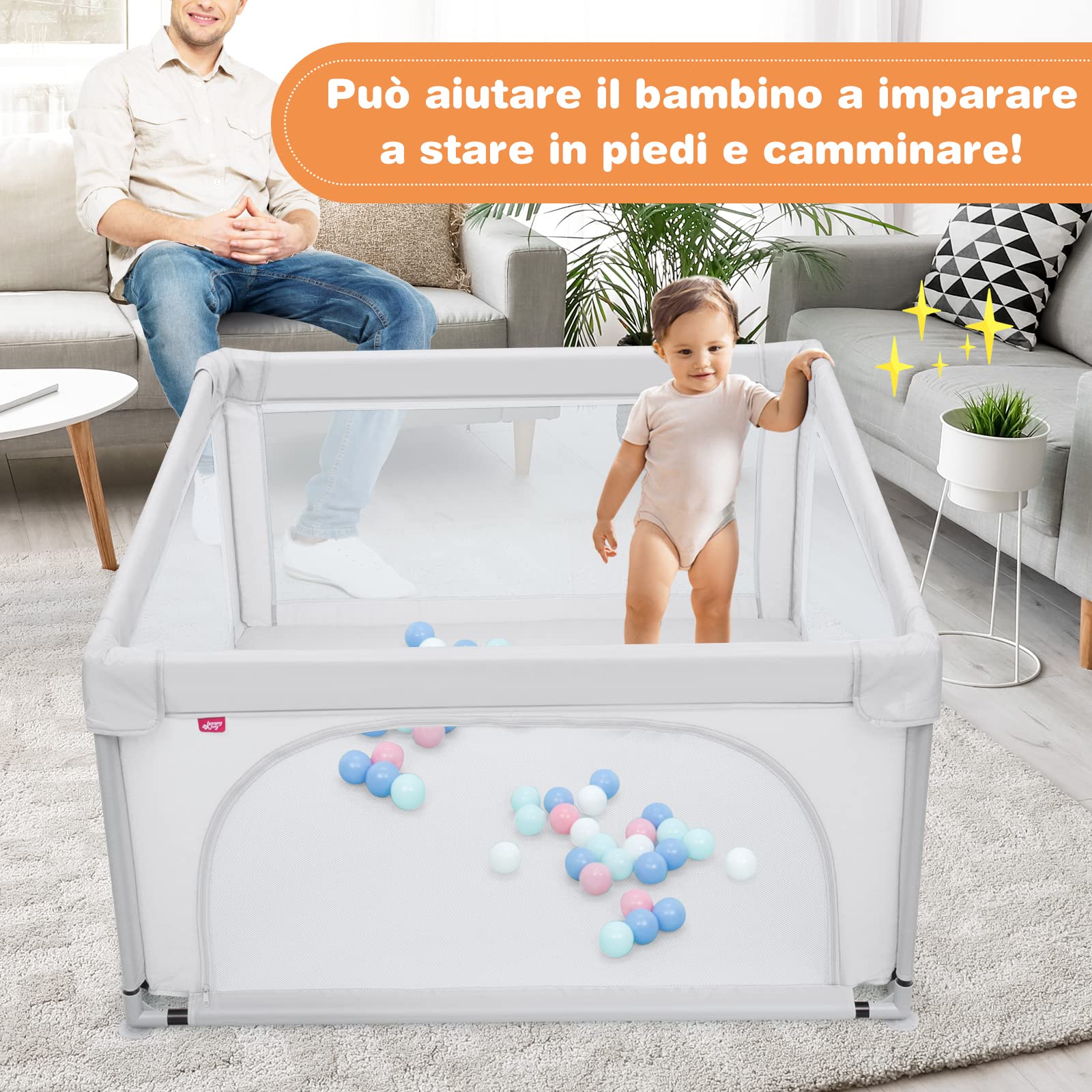 RELAX4LIFE Box per Bambini con 50 Palline,2 Anelli,2 Entrate Laterali con Chiusura Lampo,Rete Traspirante, Centro di Attività (Grigio Chiaro, 120x120cm)