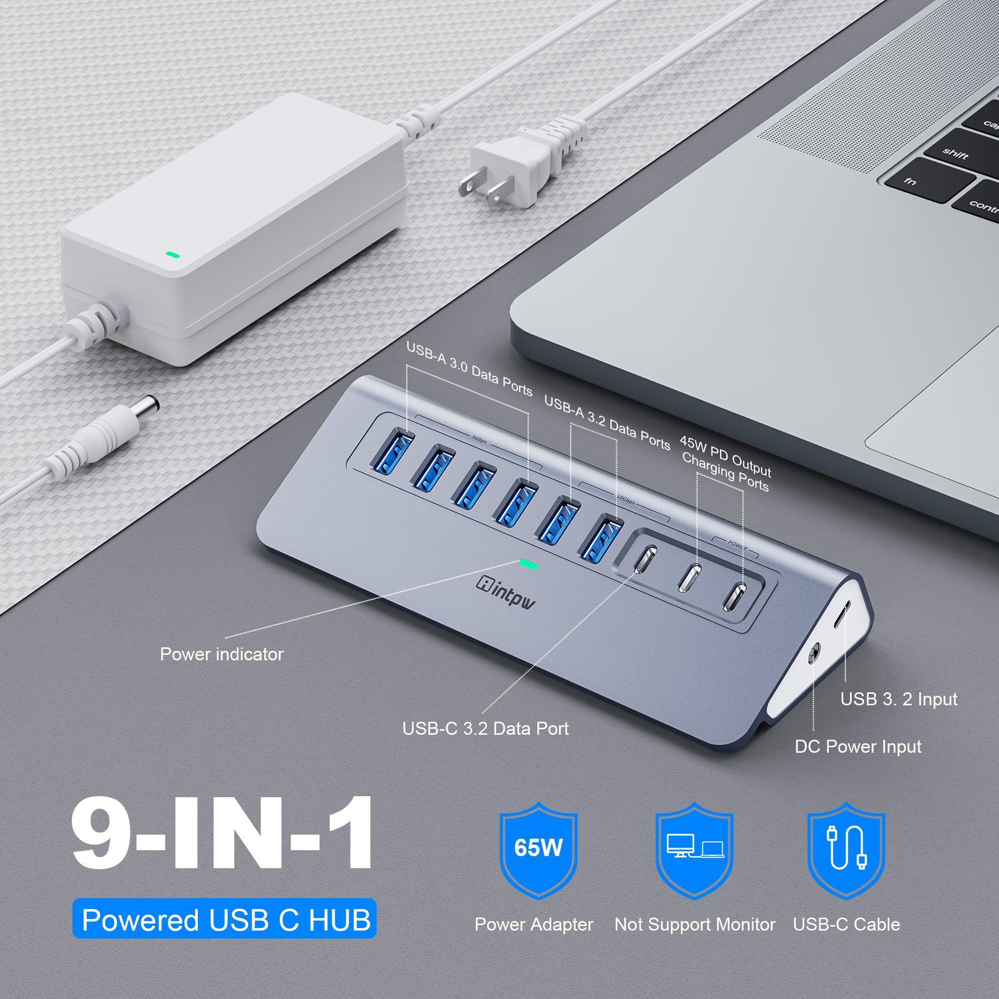 intpw Hub USB alimentato da 10 Gbps, hub USB 3.2 a 9 porte, hub USB C con 3 USB 3.2, 4 USB 3.0, 2 porte di ricarica PD da 45 W, adattatore di alimentazione da 65 W e cavo da 3,3 m, hub USB in