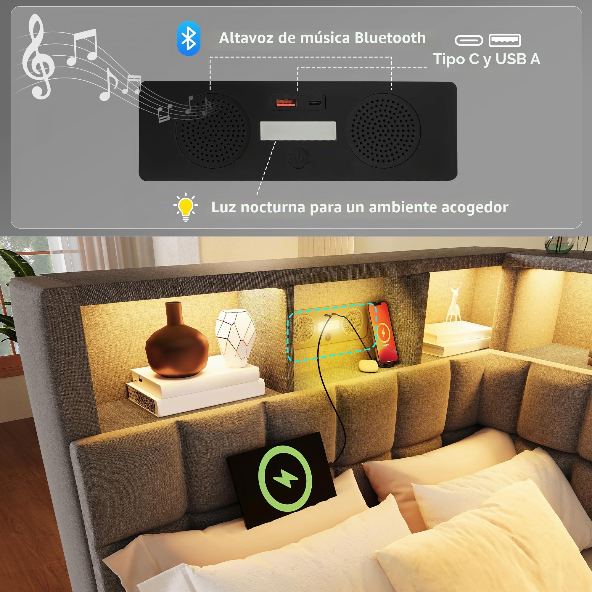 Cama tapizada de 90 x 200 cm, cama de día con cama nido, sofá cama con LED y puerto de carga USB y tipo C, altavoz Bluetooth, cabecero en L con estante de almacenamiento, lino, sin colchón (gris