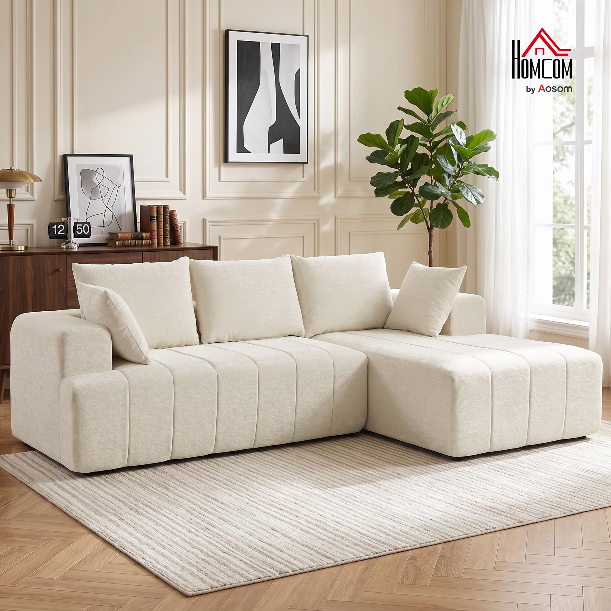 HOMCOM 101" Sofá seccional con Chaise Longue, Chenille, 3 plazas, Beige