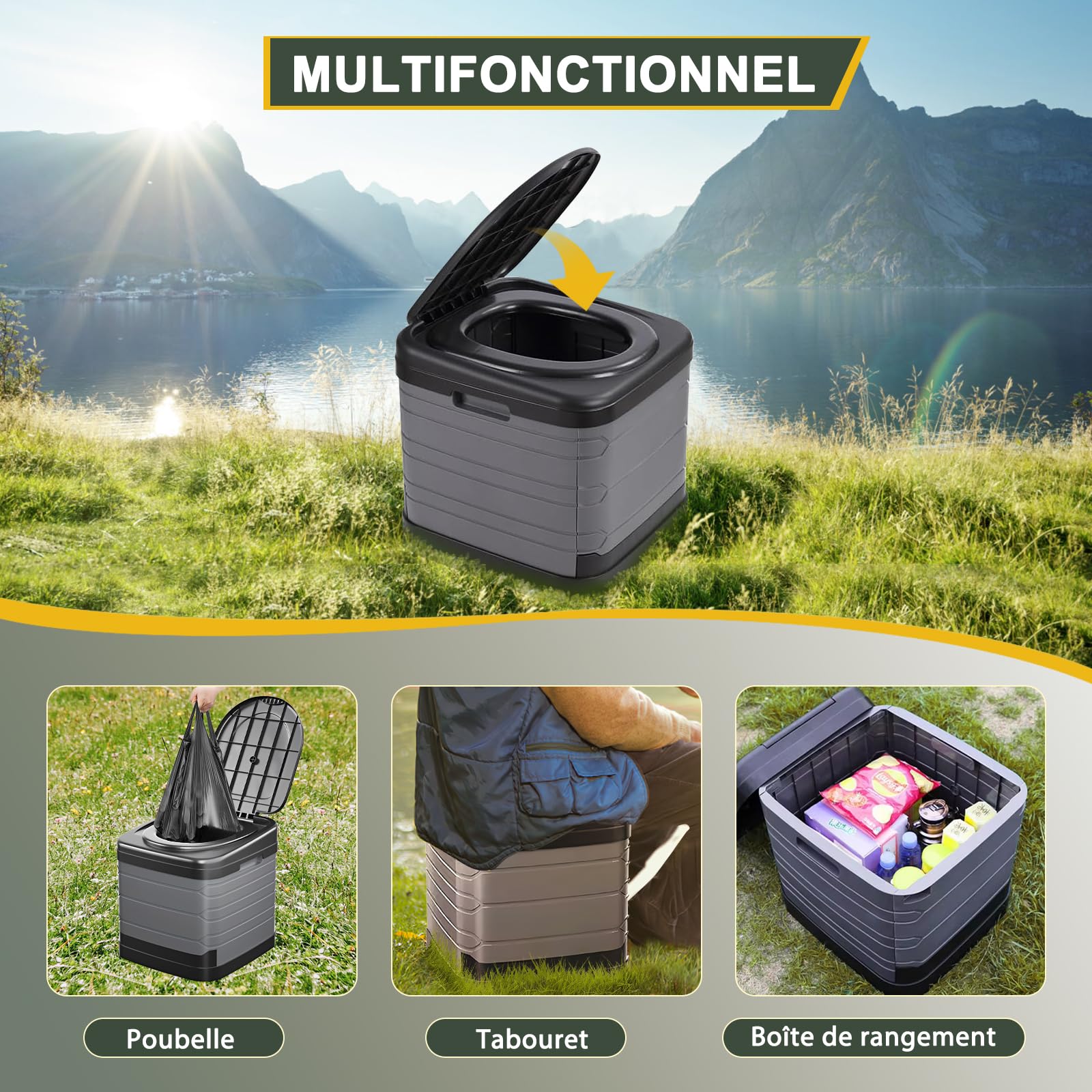 Toilettes de Camping Portables pour Adultes avec Couvercle, Toilettes Pliantes avec 20pc -80 x 90cm Sacs poubelles– Seau de Toilette Mobile Unisexe – Idéal pour Le Camping, la randonnée