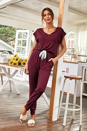 Miniatura 3 de PRETTYGARDEN Conjunto deportivo de dos piezas para mujer, cuello en V, manga corta, pantalones largos con cordón