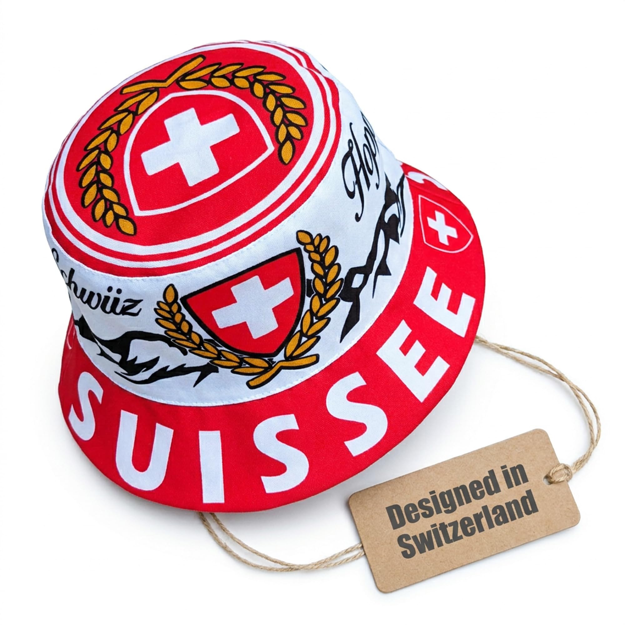 Generisch Suiza, Suisse, Schwiiz, sombrero para el sol, sombrero de pescador, sombrero militar, sombrero de cubo, azul, blanco, rojo, 59