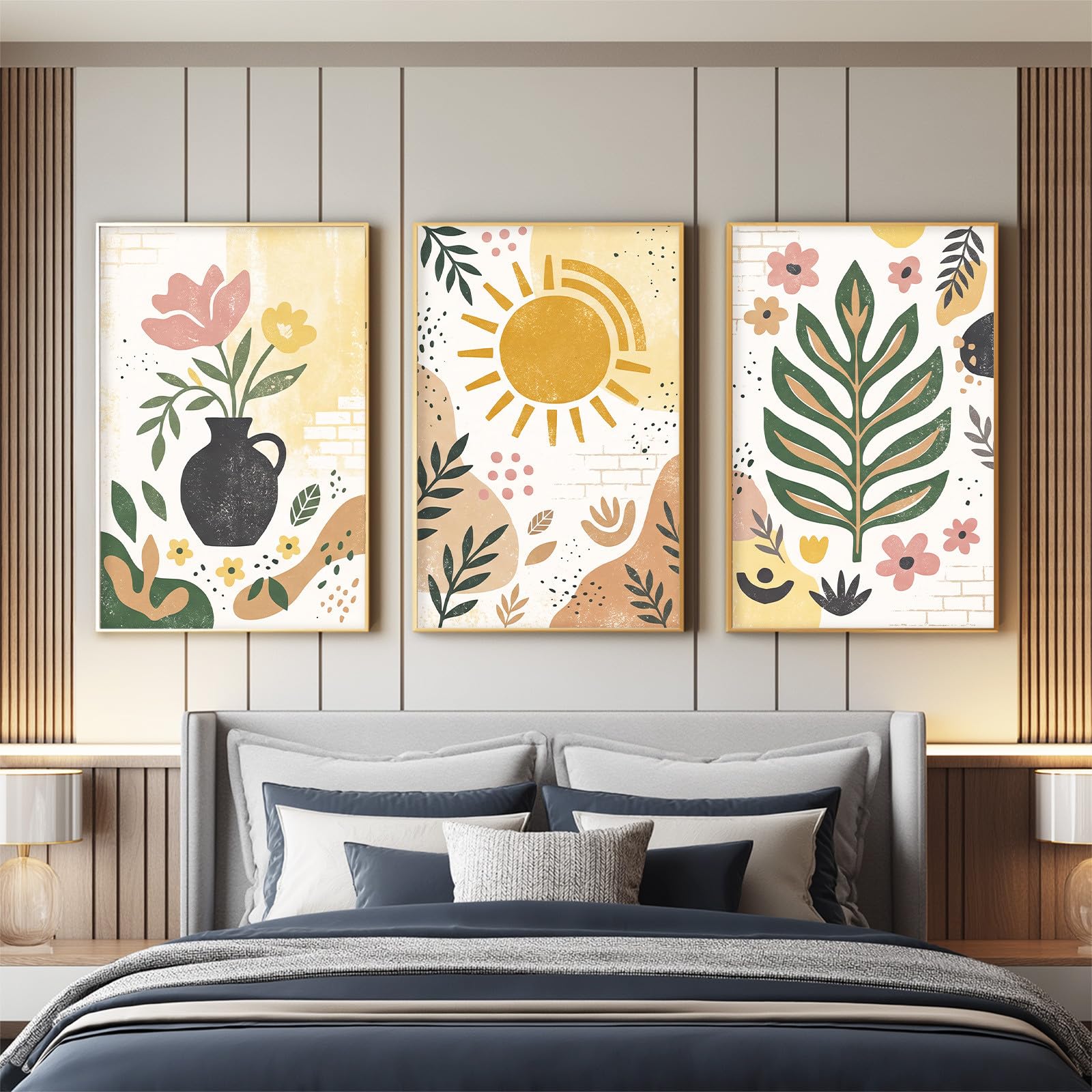 Generisch Juego de 3 pósteres abstractos bohemios, cuadros de pared botánicos floreros florales con hojas de sol, salón, dormitorio, comedor, arte de pared, sin marco, lienzo (40 x 60 cm)