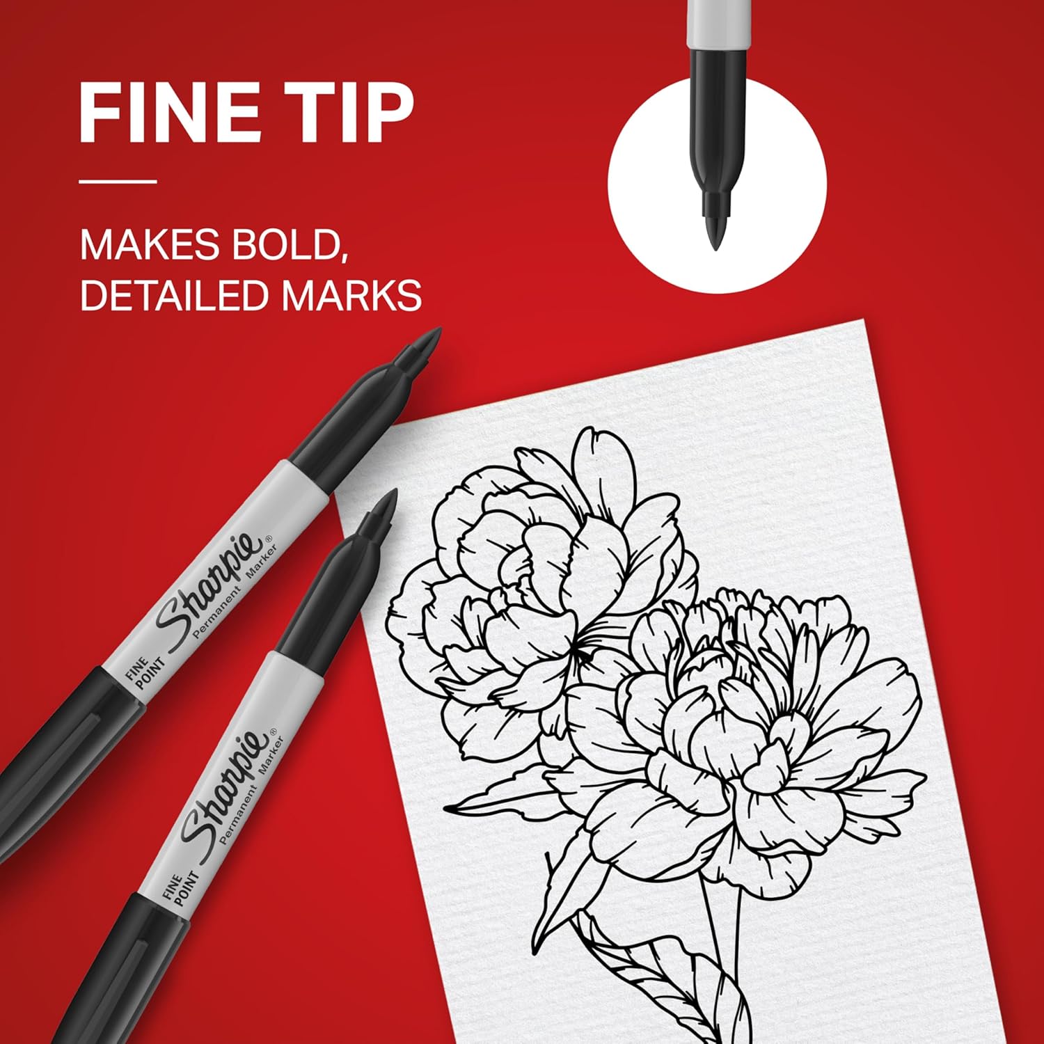 Close-up of Sharpie Fine Point tip making a detailed mark on paper