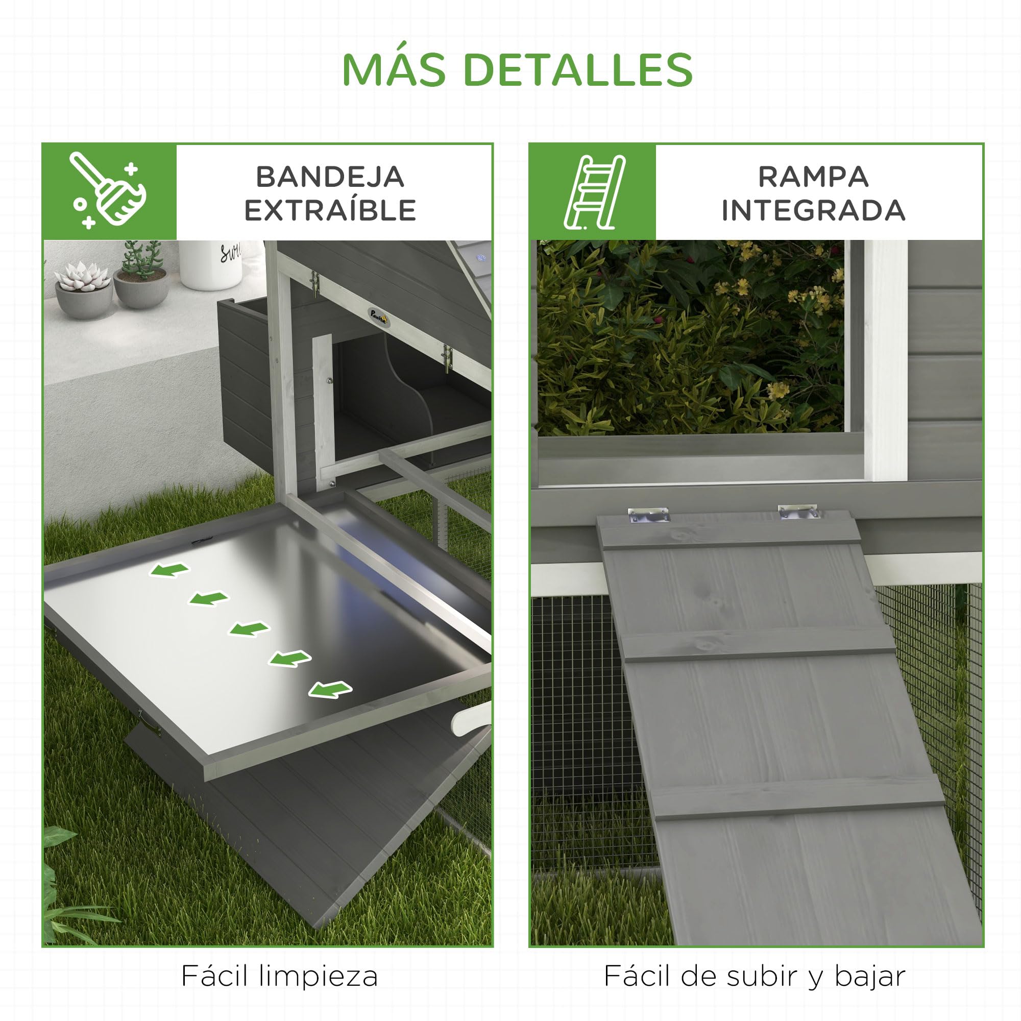 PawHut Gallinero Grande de Madera 4-6 Gallinas 310,5x149,5x149 cm Gris | Gallinero para Exterior, 2 Ventanas, Puertas, 2 Nidos, Bandeja Extraíble, Rampa, Fácil de Limpiar